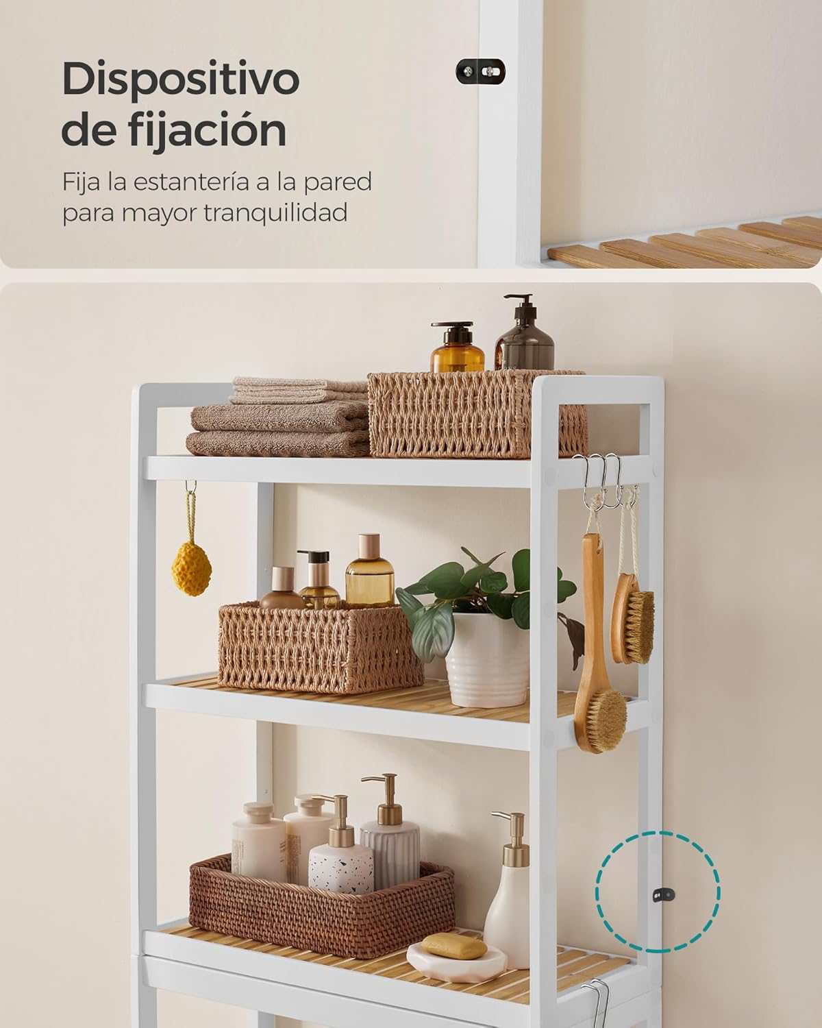 SONGMICS Mueble para Inodoro, Estante sobre Inodoro, Estantería de 3 Niveles, Estante Ajustable, Blanco Nube MBTS01WT