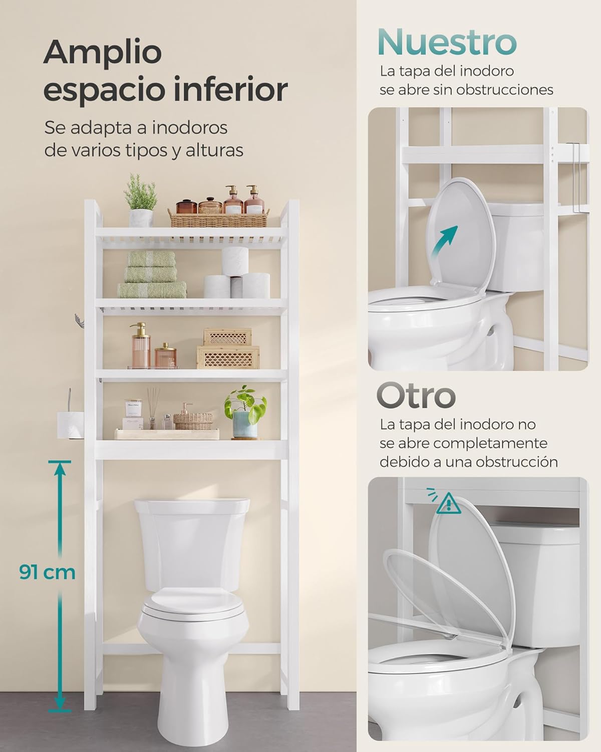 SONGMICS Mueble para Inodoro, Estante sobre Inodoro, Estantería de 3 Niveles, Estante Ajustable, Blanco Nube MBTS01WT