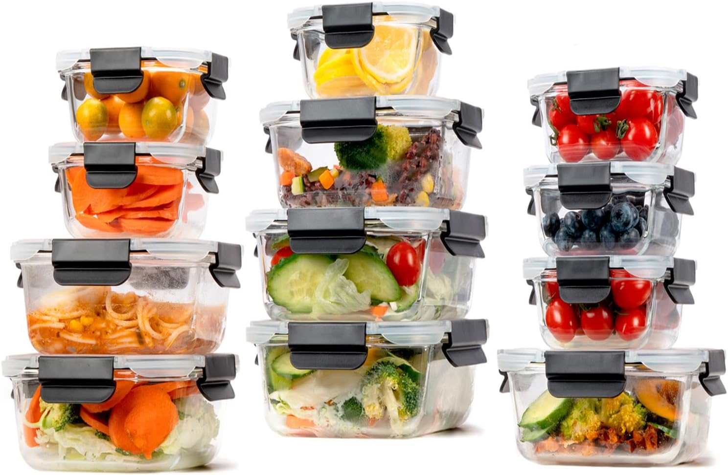 EasyWare JUEGO DE RECIPIENTES DE VIDRIO HERMÉTICO, CONTENEDORES Para Alimentos con Tapas Cierre Fácil, Refractarios para Cocina, Horno, Refrigerador Congelador (JUEGO 10 RECIPIENTES (20 PZ))