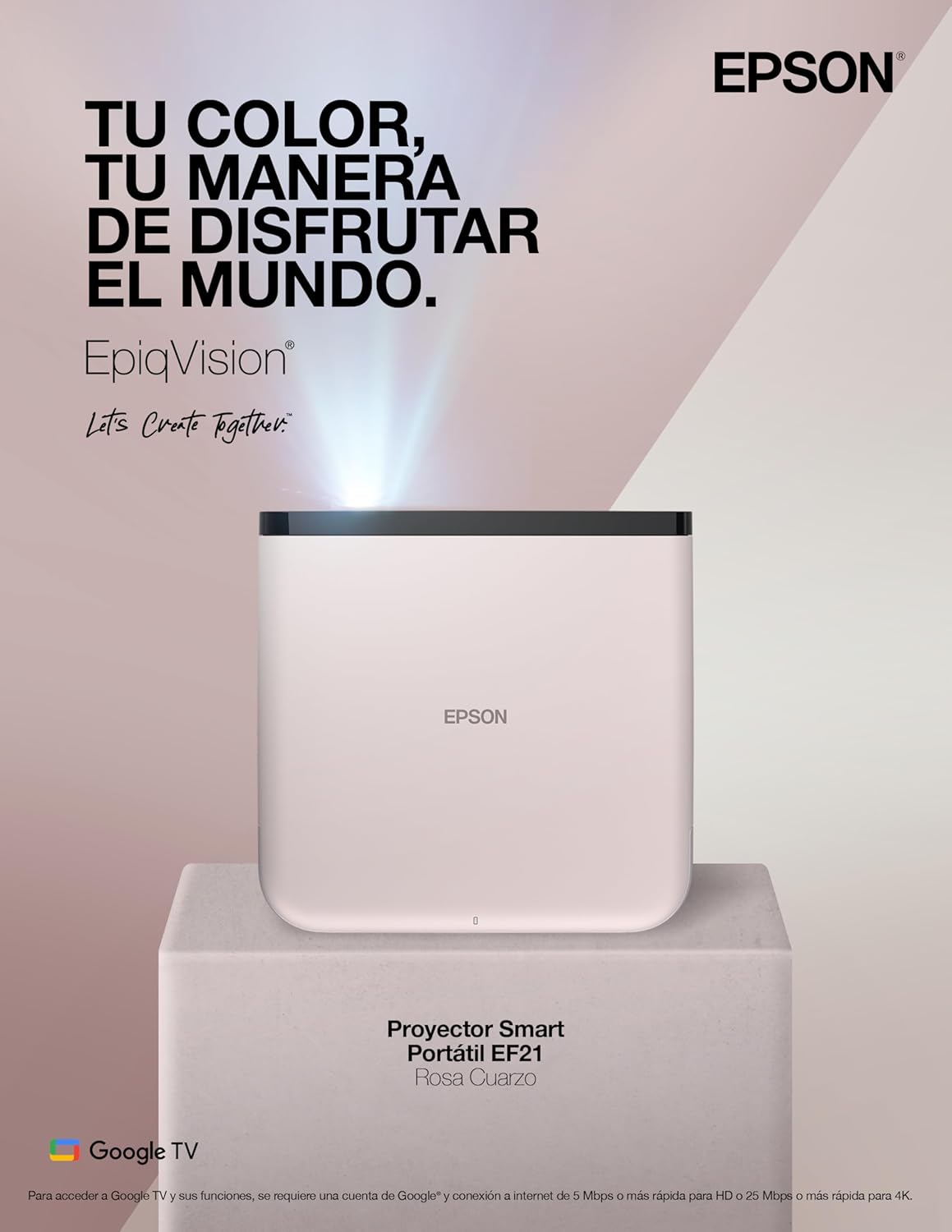 Epson EpiqVision Mini EF21 Proyector láser Inteligente portátil, 1000 lúmenes, FHD 1080p HDR, 3 Chips 3LCD, Google TV, Netflix, Altavoces estéreo, Cine en casa