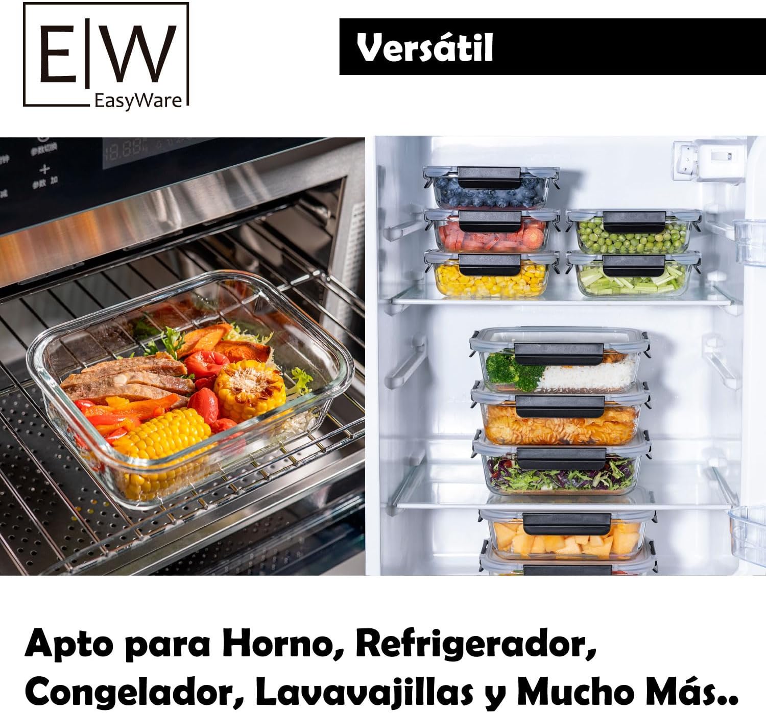 EasyWare JUEGO DE RECIPIENTES DE VIDRIO HERMÉTICO, CONTENEDORES Para Alimentos con Tapas Cierre Fácil, Refractarios para Cocina, Horno, Refrigerador Congelador (JUEGO 10 RECIPIENTES (20 PZ))
