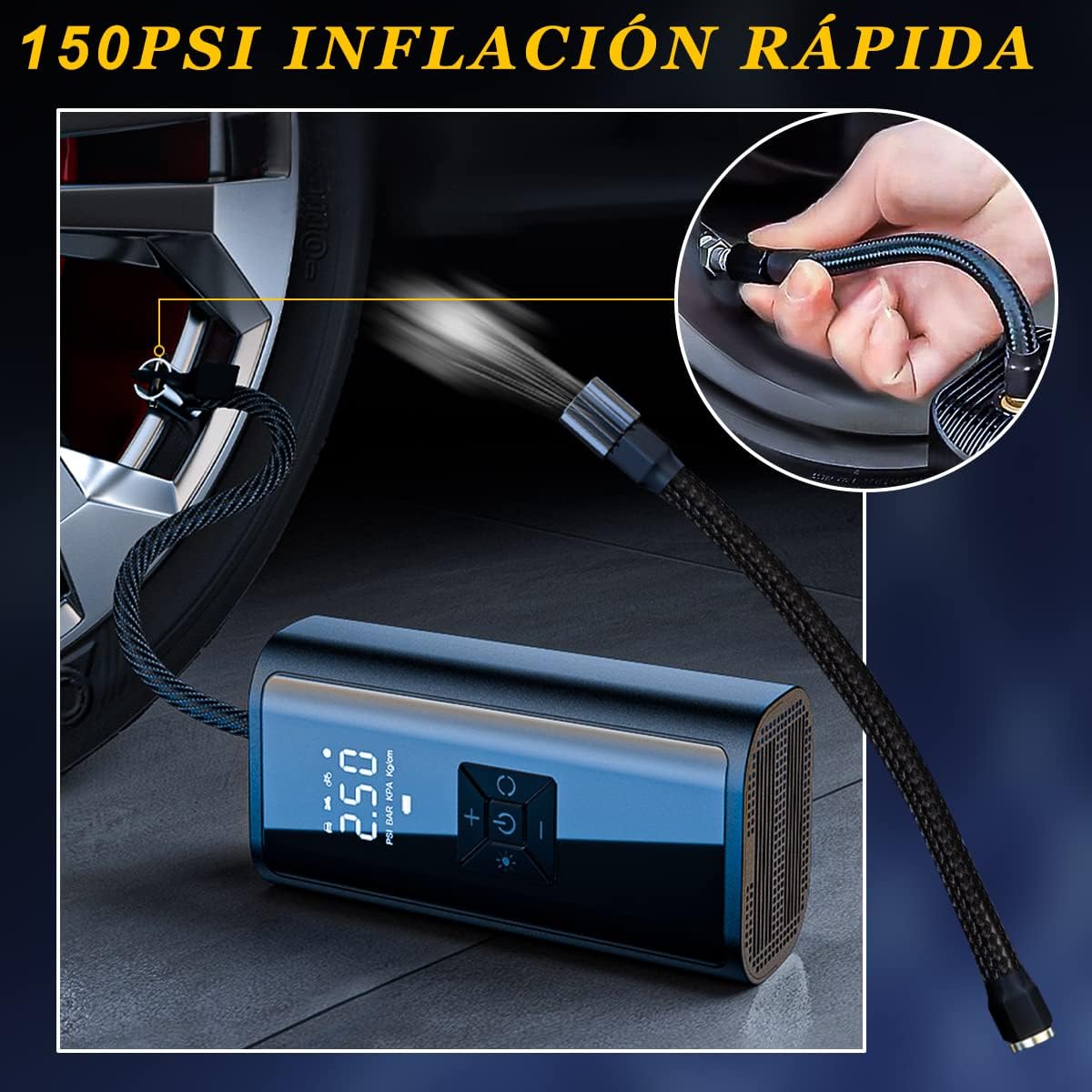 MXCOCO Compresor de Aire Portátil, 150PSI 80 W de Alta Potencia con LED Inteligente,Bomba de neumáticos de Coche de 12 V, Adecuado para Inflar y Presurizar Bicicletas, Autos, Motos y Balones