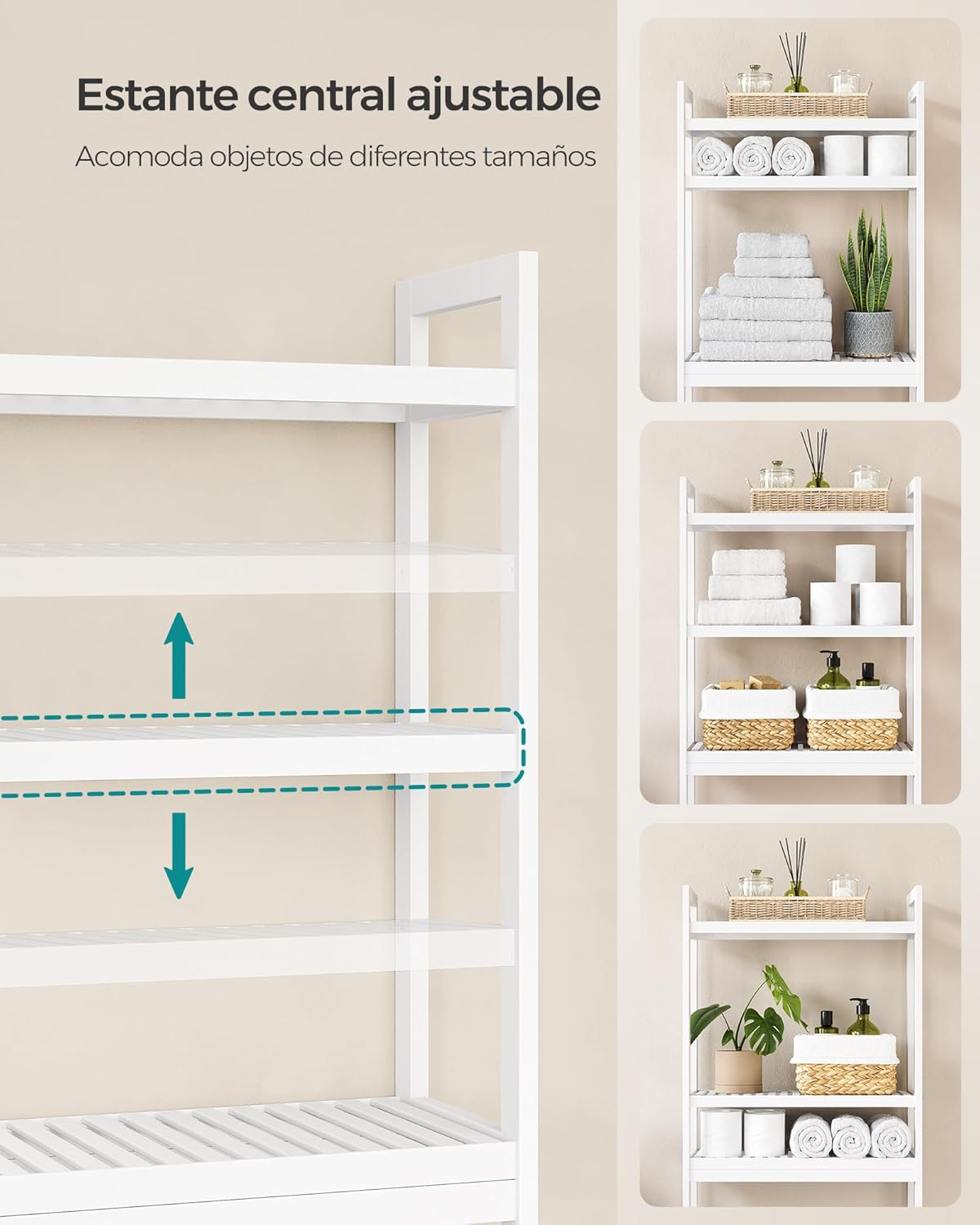 SONGMICS Mueble para Inodoro, Estante sobre Inodoro, Estantería de 3 Niveles, Estante Ajustable, Blanco Nube MBTS01WT