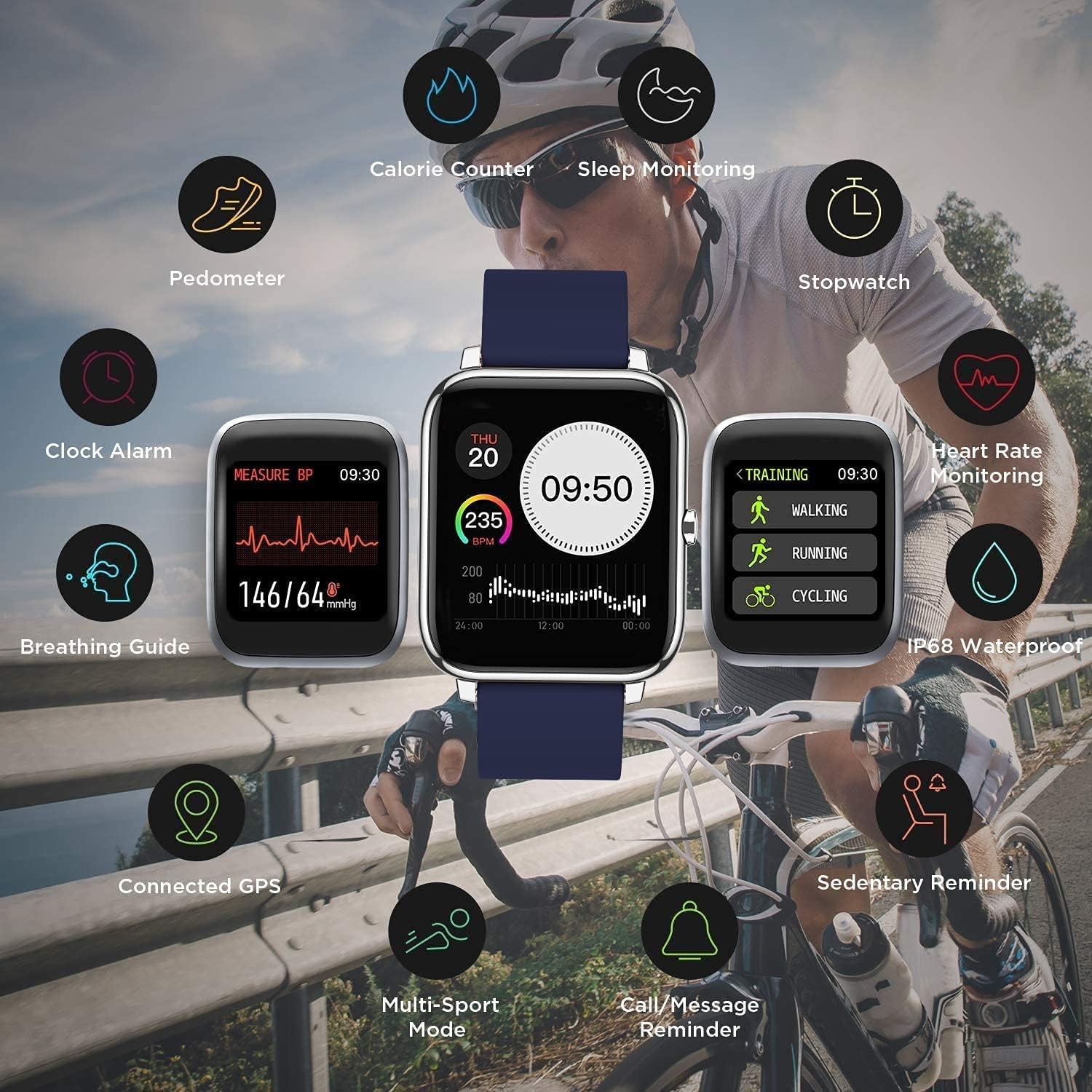 Salandens Smartwatch, Reloj Inteligente Mujer y Hombre Smartwatch Presion Arterial Monitor Pulser, Impermeable IPX7,con Monitor De Frecuencia Cardíaca, Monitor De Calorías, Podómetro,GPS, etc