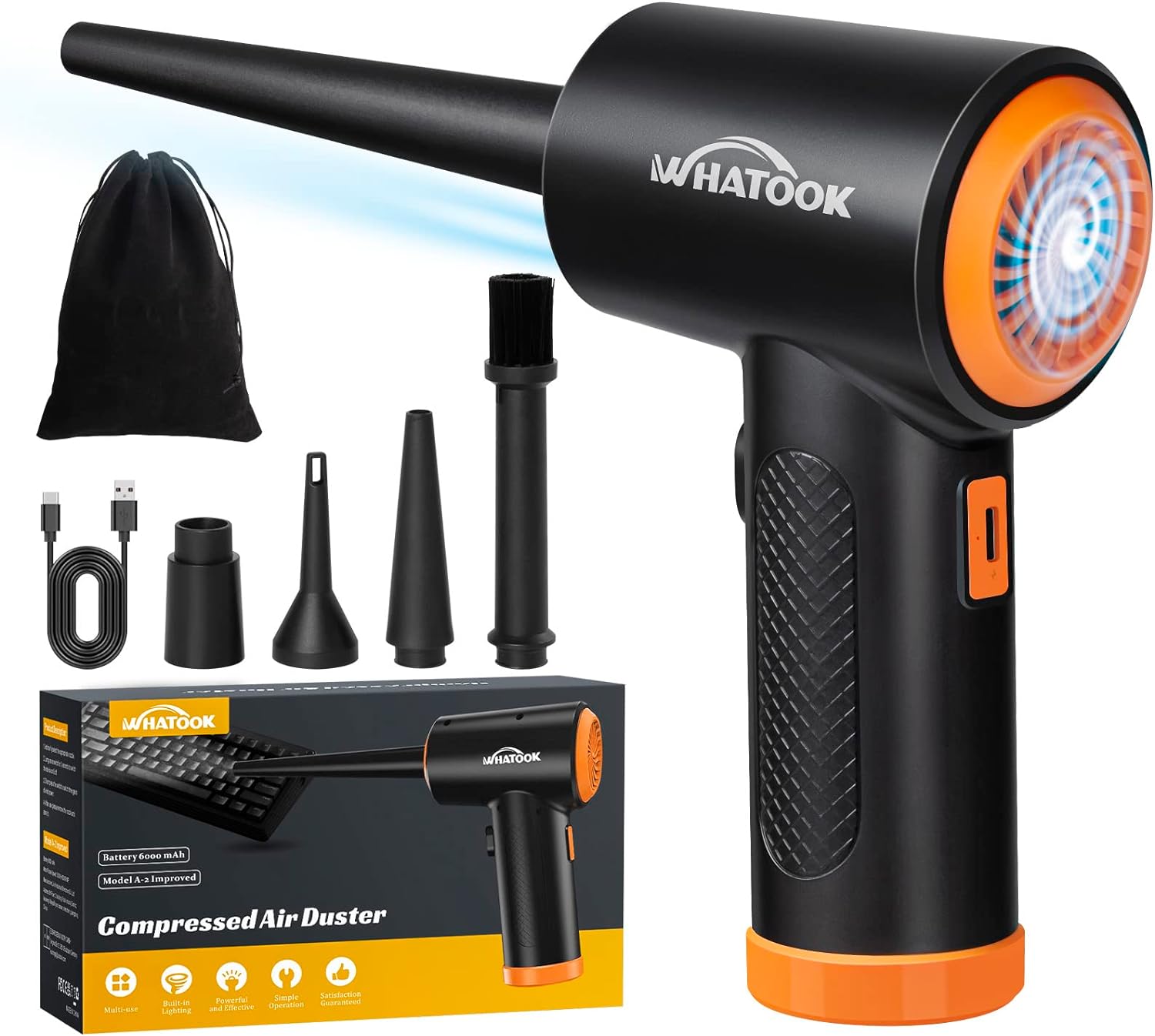 Soplador de Polvo Eléctrico，Plumero de Aire Comprimido，Potente 3 Velocidades 60000 RPM，Batería Recargable de 6000 mAh，Con Luz LED, para Ordenador, Coche, Oficina,Sofá，Sustituto de Aire Comprimido