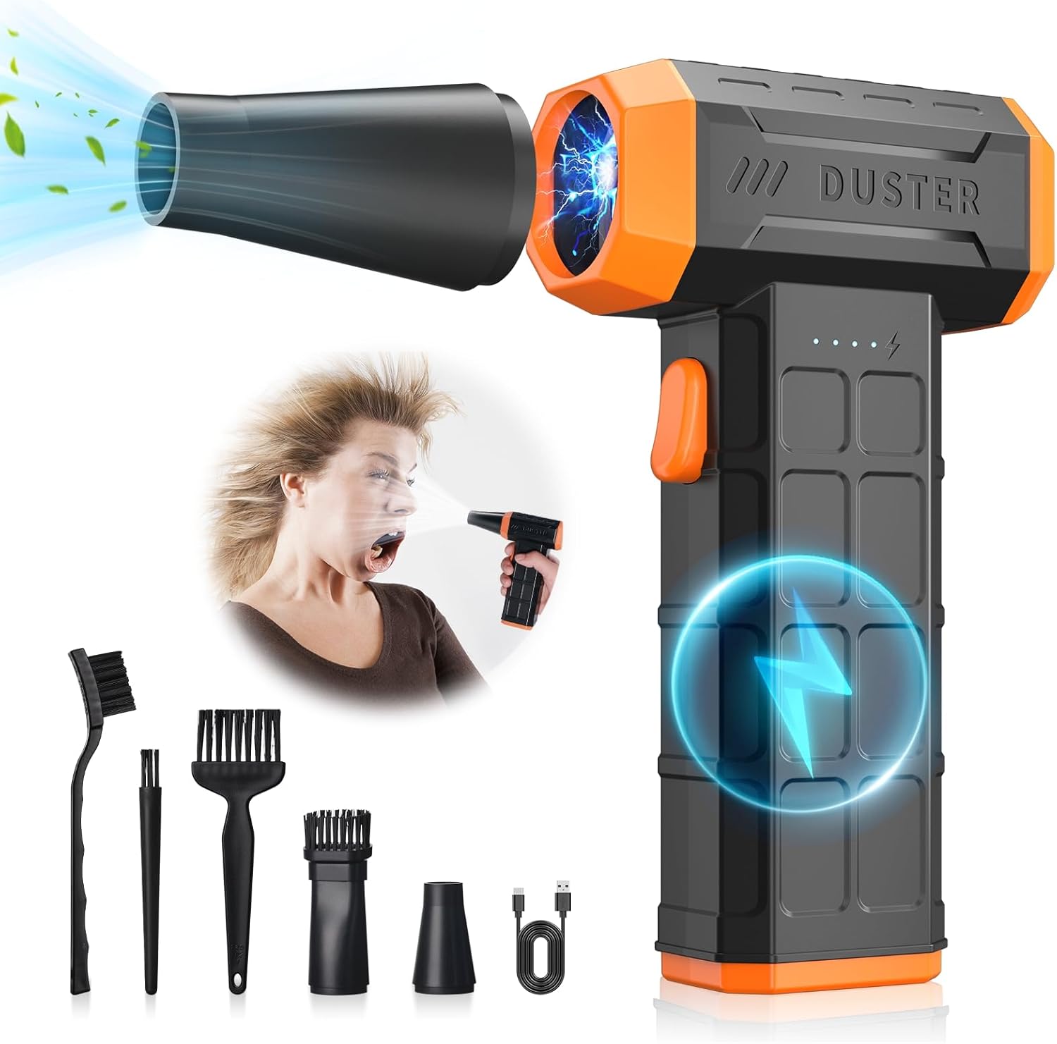 Soplador de Polvo Eléctrico，Plumero de Aire Comprimido，Potente 3 Velocidades 60000 RPM，Batería Recargable de 6000 mAh，Con Luz LED, para Ordenador, Coche, Oficina,Sofá，Sustituto de Aire Comprimido