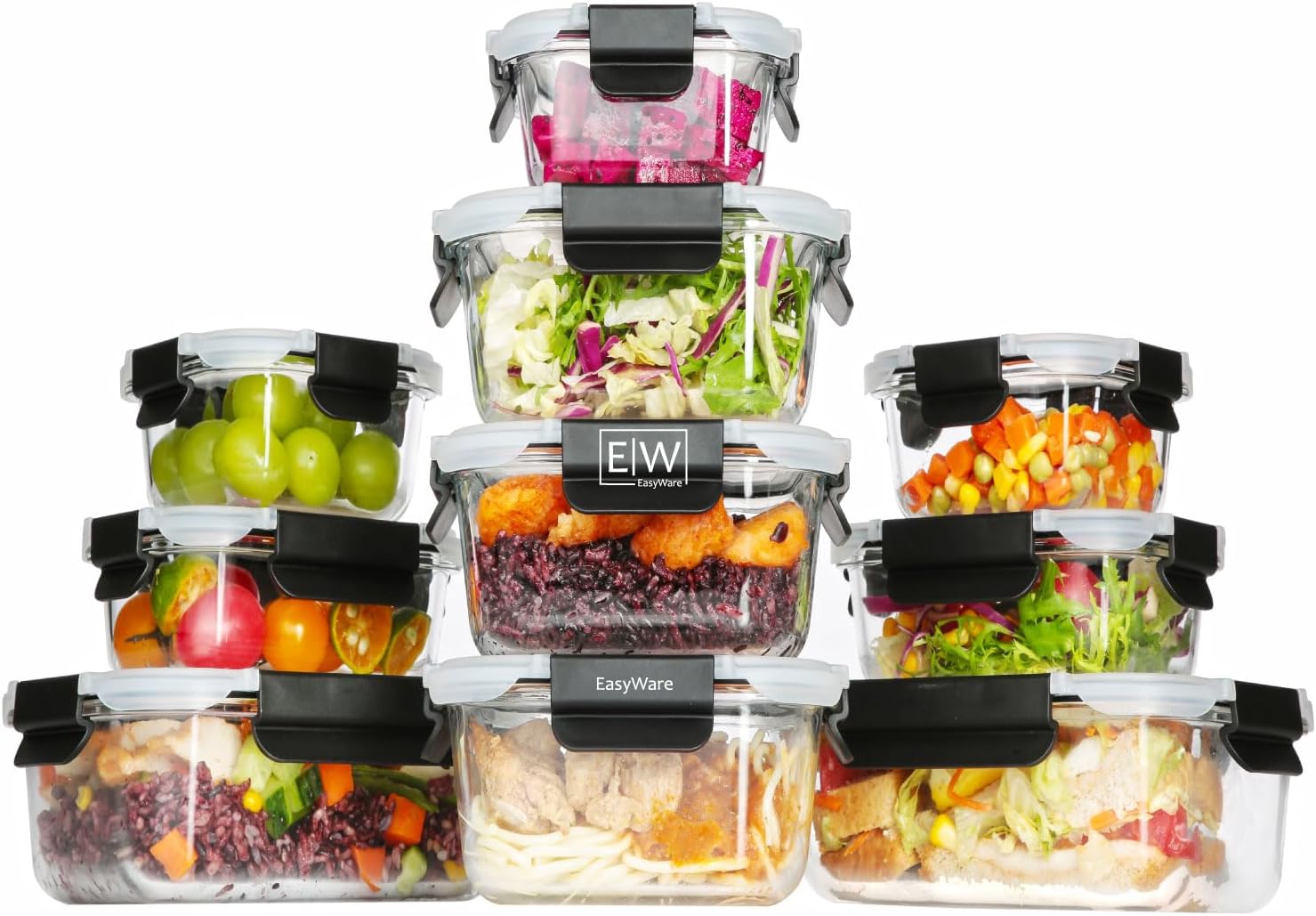 EasyWare JUEGO DE RECIPIENTES DE VIDRIO HERMÉTICO, CONTENEDORES Para Alimentos con Tapas Cierre Fácil, Refractarios para Cocina, Horno, Refrigerador Congelador (JUEGO 10 RECIPIENTES (20 PZ))