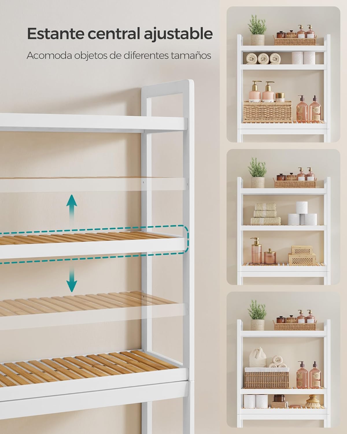 SONGMICS Mueble para Inodoro, Estante sobre Inodoro, Estantería de 3 Niveles, Estante Ajustable, Blanco Nube MBTS01WT