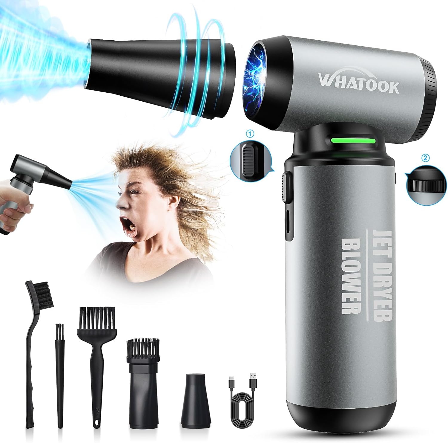 Soplador de Polvo Eléctrico，Plumero de Aire Comprimido，Potente 3 Velocidades 60000 RPM，Batería Recargable de 6000 mAh，Con Luz LED, para Ordenador, Coche, Oficina,Sofá，Sustituto de Aire Comprimido