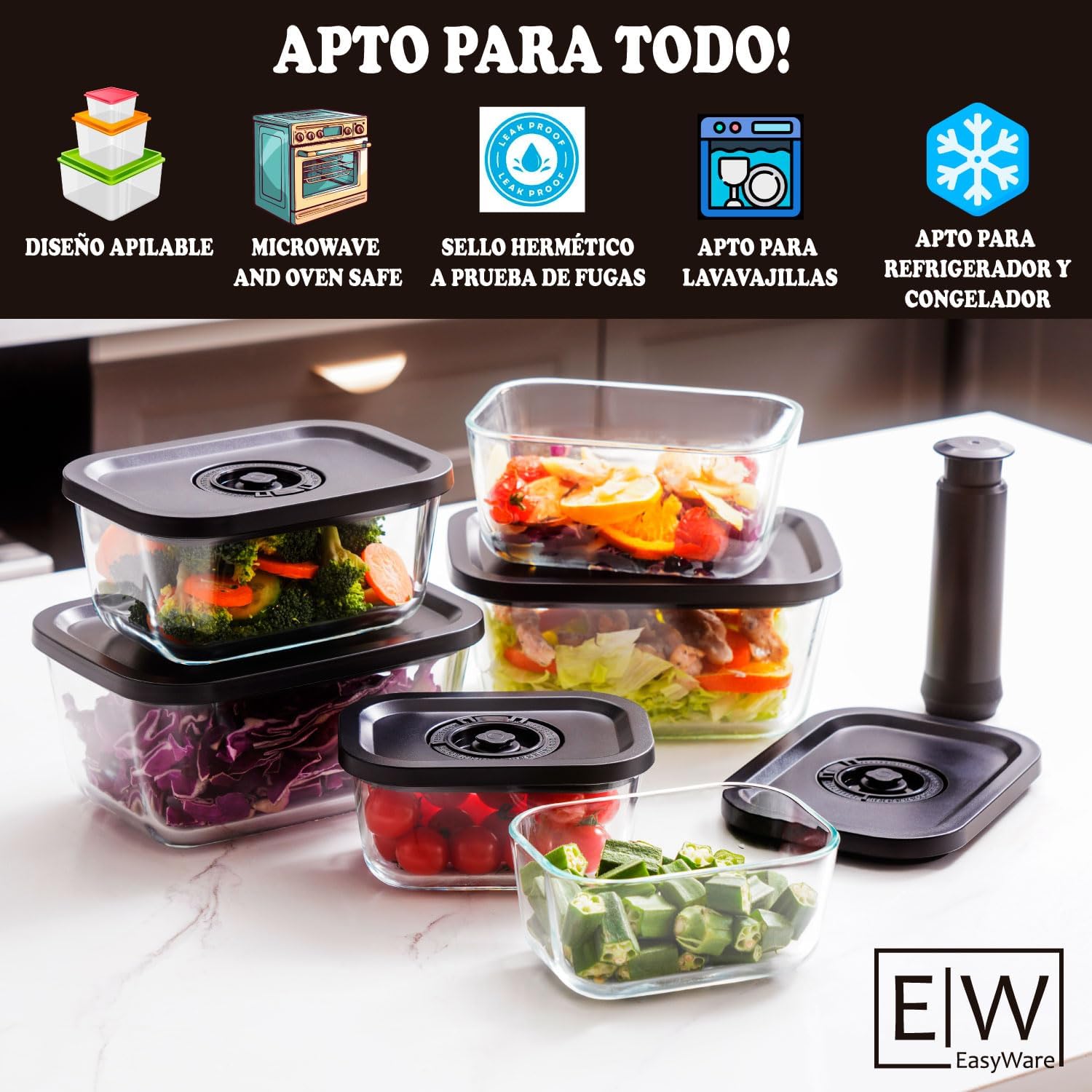 EasyWare JUEGO DE RECIPIENTES DE VIDRIO HERMÉTICO, CONTENEDORES Para Alimentos con Tapas Cierre Fácil, Refractarios para Cocina, Horno, Refrigerador Congelador (JUEGO 10 RECIPIENTES (20 PZ))