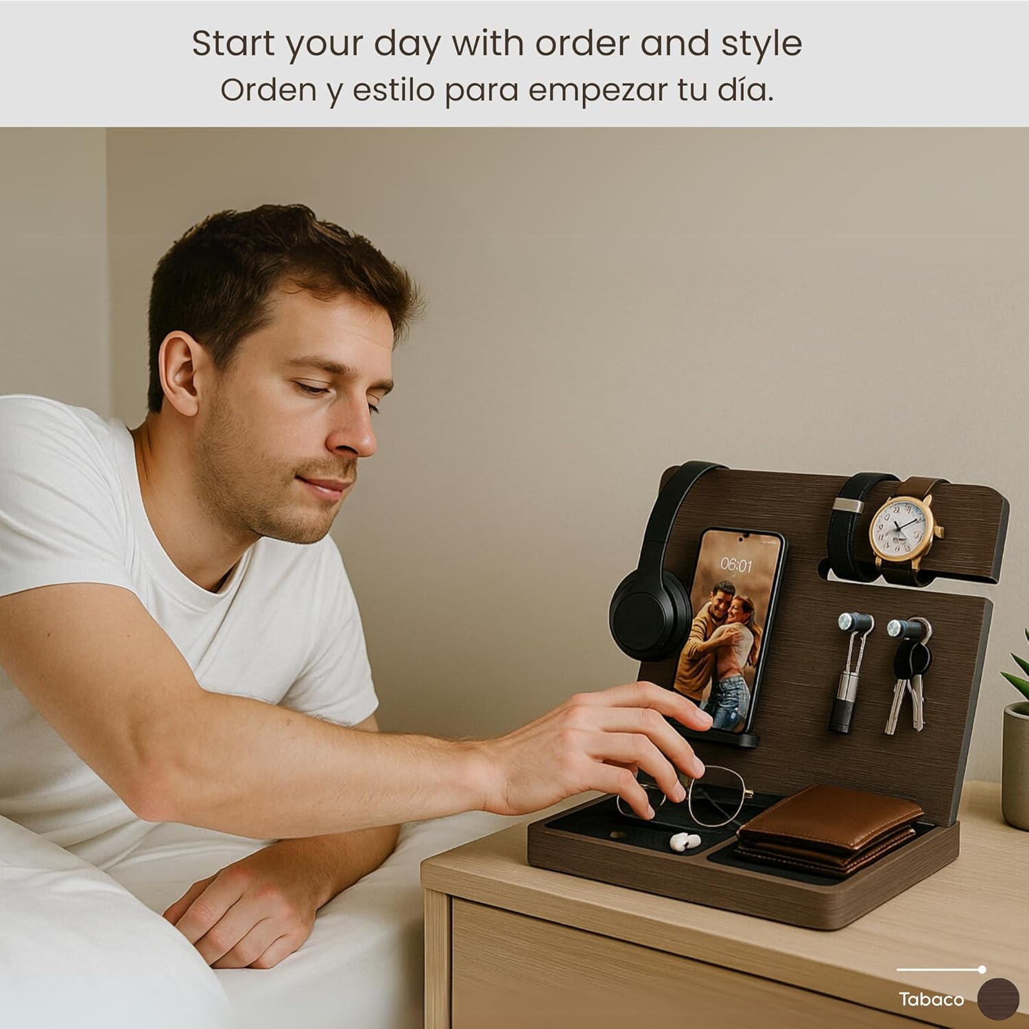 Namore Regalos Para Hombre - Organizador de Escritorio - Soporte Para Celular, Cartera, Accesorios, Reloj y Porta Llaves - Organizacion Hogar, Oficina y Buro, Docking Station - Regalo Graduación