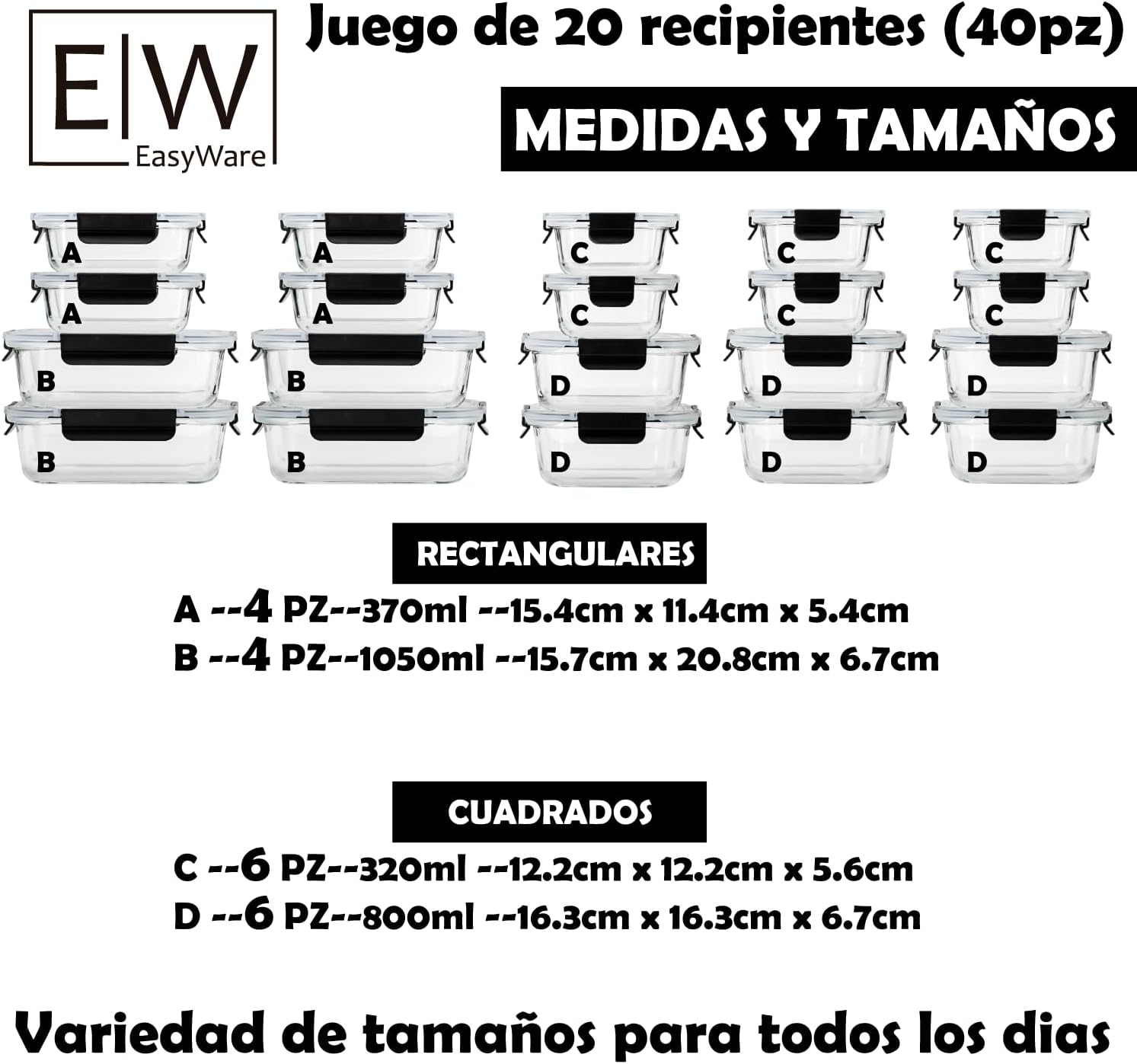 EasyWare JUEGO DE RECIPIENTES DE VIDRIO HERMÉTICO, CONTENEDORES Para Alimentos con Tapas Cierre Fácil, Refractarios para Cocina, Horno, Refrigerador Congelador (JUEGO 10 RECIPIENTES (20 PZ))