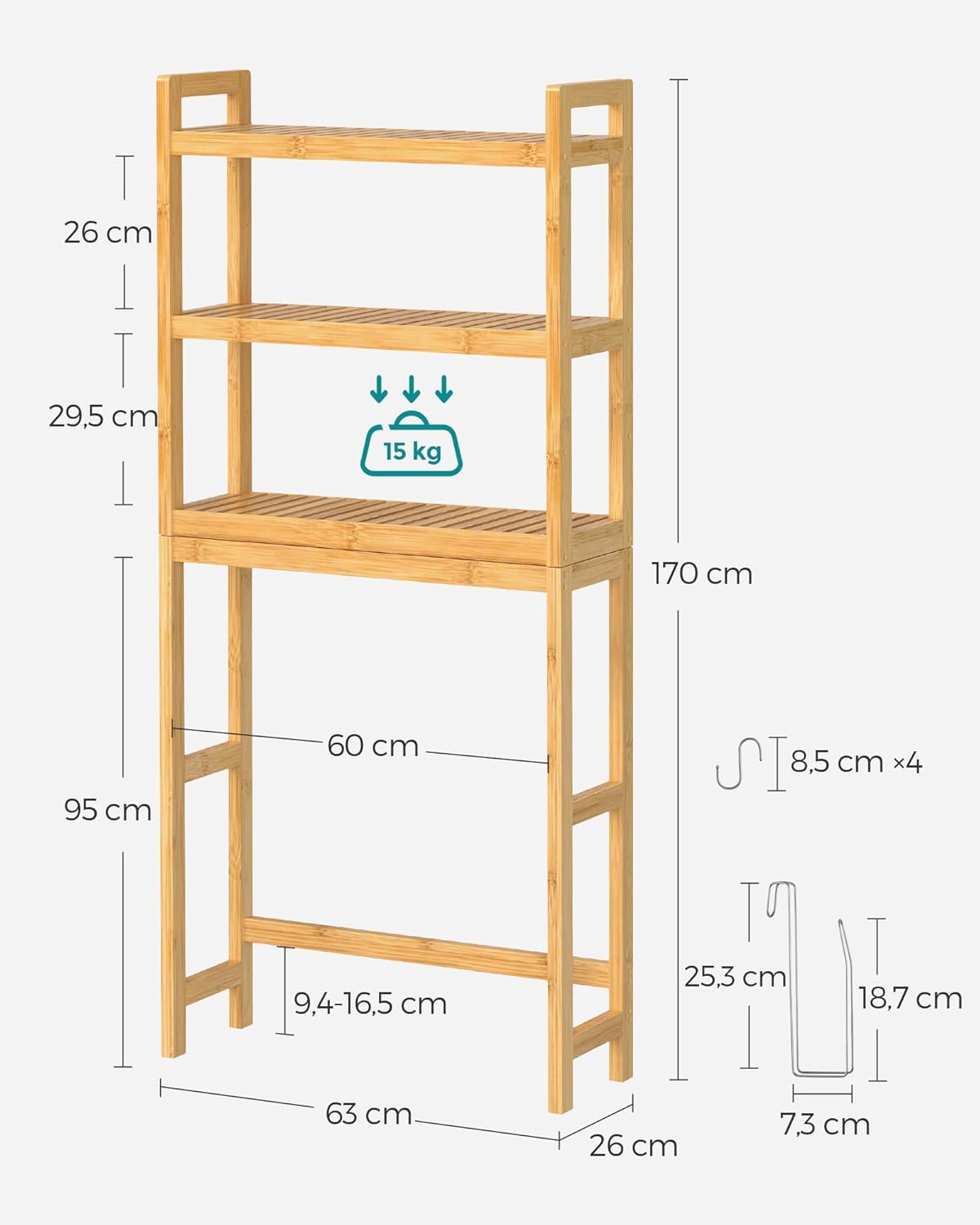 SONGMICS Mueble para Inodoro, Estante sobre Inodoro, Estantería de 3 Niveles, Estante Ajustable, Blanco Nube MBTS01WT