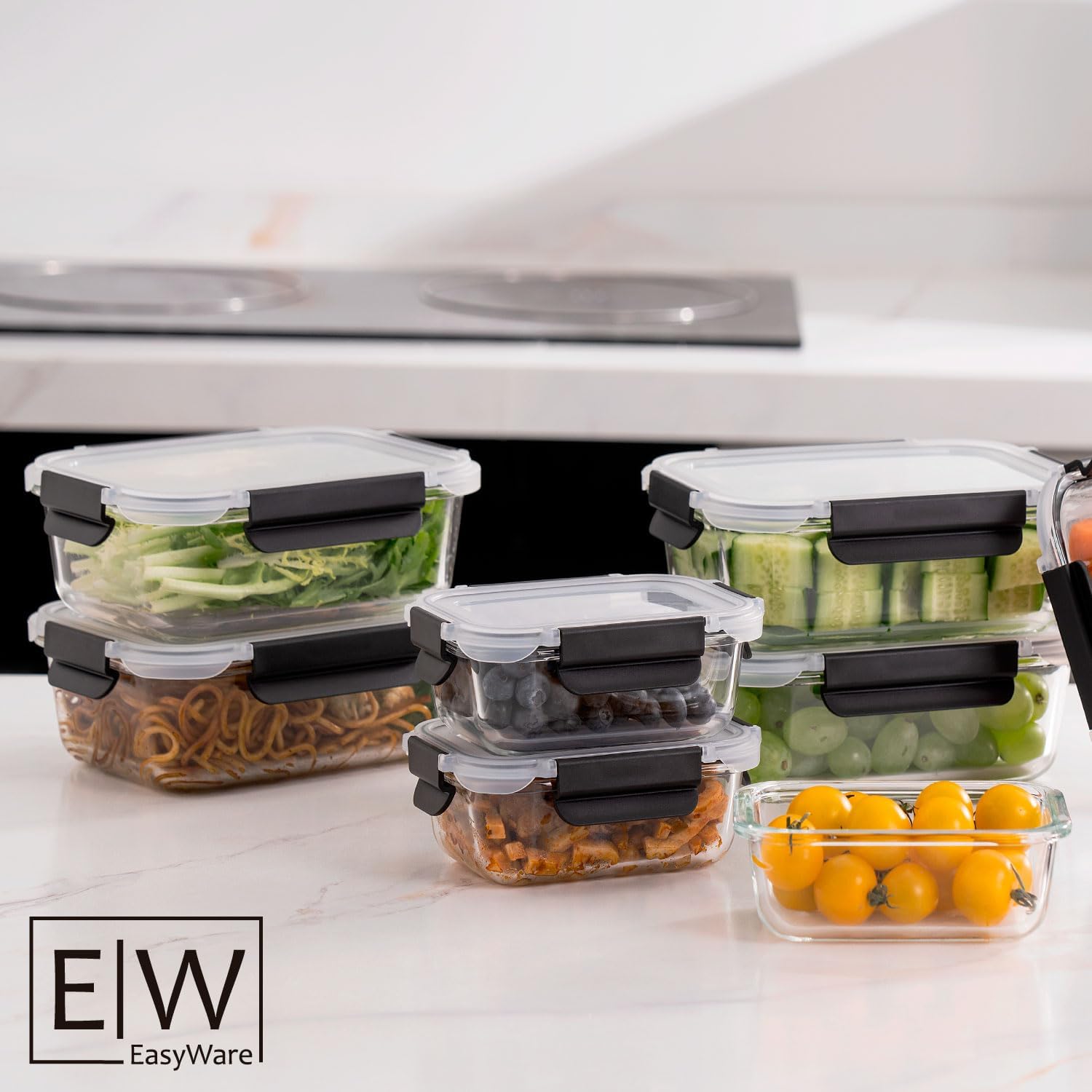 EasyWare JUEGO DE RECIPIENTES DE VIDRIO HERMÉTICO, CONTENEDORES Para Alimentos con Tapas Cierre Fácil, Refractarios para Cocina, Horno, Refrigerador Congelador (JUEGO 10 RECIPIENTES (20 PZ))