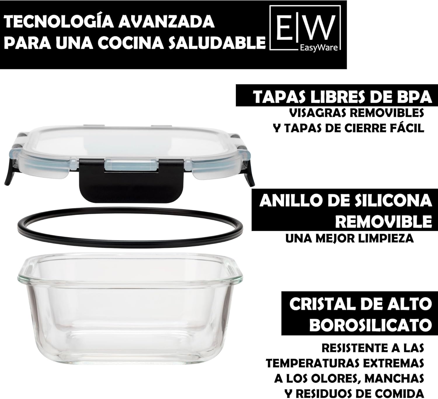 EasyWare JUEGO DE RECIPIENTES DE VIDRIO HERMÉTICO, CONTENEDORES Para Alimentos con Tapas Cierre Fácil, Refractarios para Cocina, Horno, Refrigerador Congelador (JUEGO 10 RECIPIENTES (20 PZ))