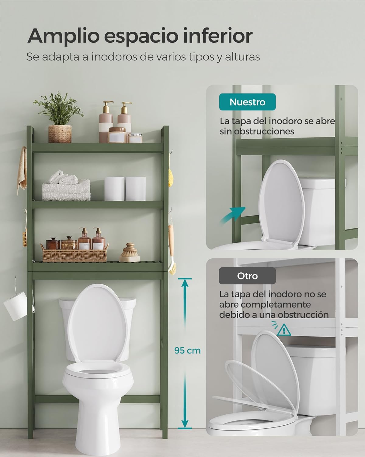SONGMICS Mueble para Inodoro, Estante sobre Inodoro, Estantería de 3 Niveles, Estante Ajustable, Blanco Nube MBTS01WT