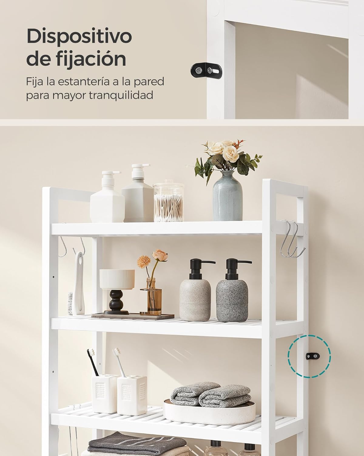 SONGMICS Mueble para Inodoro, Estante sobre Inodoro, Estantería de 3 Niveles, Estante Ajustable, Blanco Nube MBTS01WT