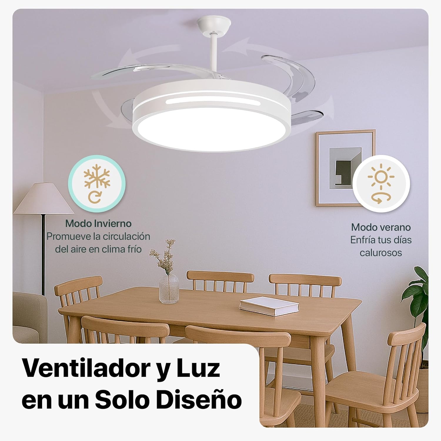 LEDUNI Ventilador con Luz LED con mando+APP 50CM, Motor DC +Luz LED, 66W, temporizador, 6 velocidades, aspas retráctiles, 3 temperaturas de luz, función verano-invierno Silencioso