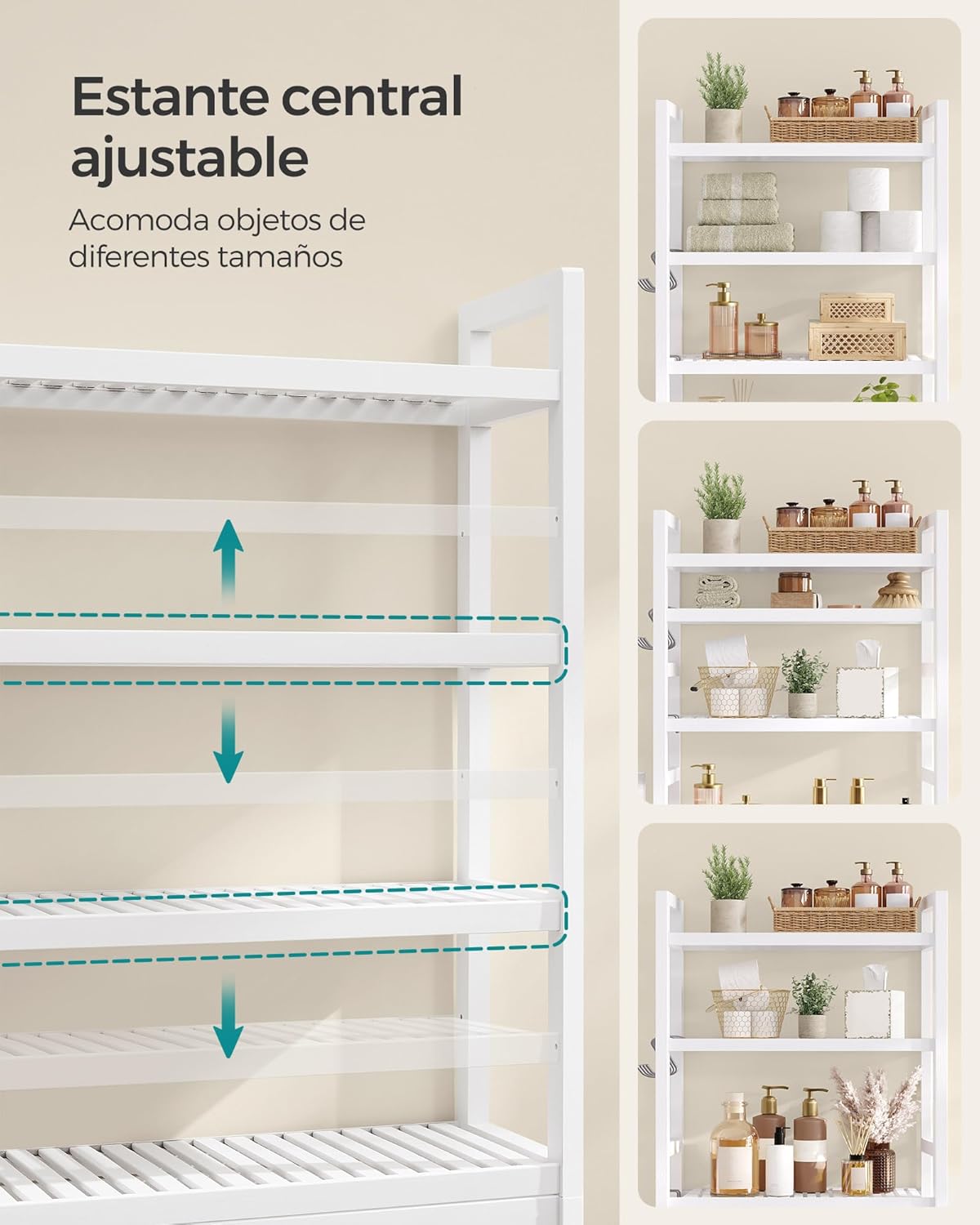 SONGMICS Mueble para Inodoro, Estante sobre Inodoro, Estantería de 3 Niveles, Estante Ajustable, Blanco Nube MBTS01WT