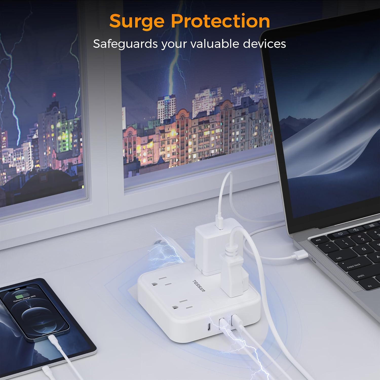 TESSAN Regleta Multicontacto con Protector de Sobretensión, 1.5M Plana Extension Electrica, Enchufe Plano Conector Multiple con 4 Salidas y 3 USB (1 USB C), Hogar Oficina Dorm, Gris
