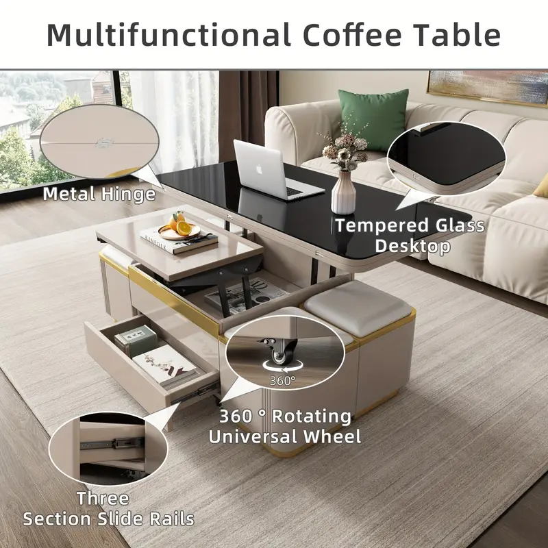   elevable con tapa extraíble única, compartimento oculto y superficie de cristal templado para  , mesa de té ajustable   con 4 taburetes, moderna plegable que se convierte en mesa de comedor, gris claro detalles 5