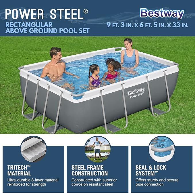 Bestway Power Steel - Juego de Piscina Rectangular de 9 pies 3 Pulgadas x 6 pies 5 Pulgadas x 33 Pulgadas, Incluye Bomba de Filtro de 330 galones y dispensador ChemConnect