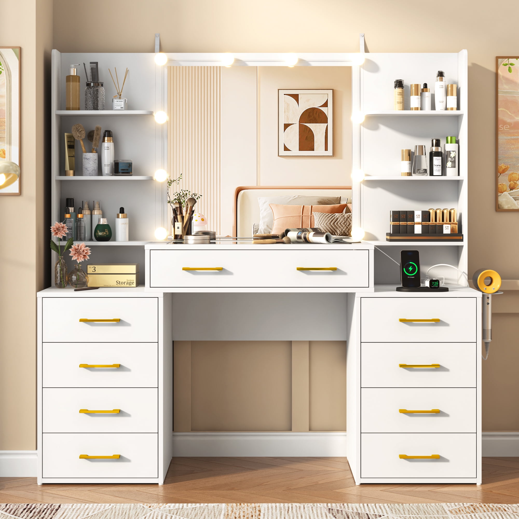 Tocador blanco con espejo y luces LED, tocador con tapa de cristal con estación de carga y cajones de almacenamiento con compartimentos, mesa de tocador de maquillaje grande con 9 cajones y 6 estantes