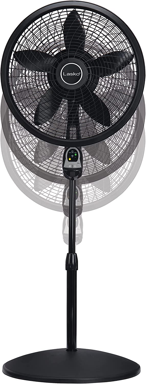 Lasko Oscillating Cyclone Pedestal Fan, Adjustable Height, Timer, Remote Control, 3 Speeds, for Bedroom, Living Room, Home Office, 18", Black, 1843