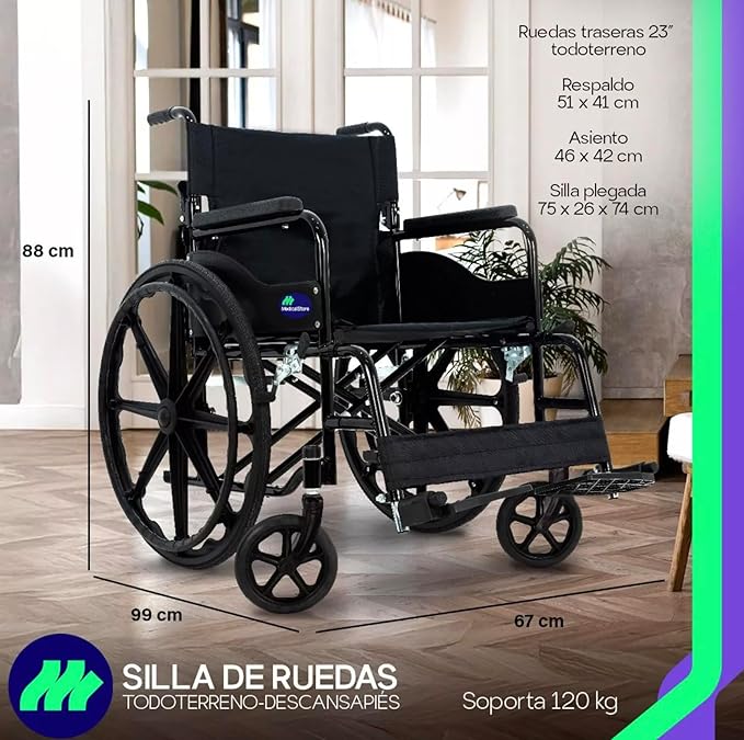 MEDICAL STORE Silla De Ruedas Ligera Adulto Mayor Todo Terreno Traslado Plegable Compacta Con Freno De Mano Rehabilitación Con Descansa Pies Abatible