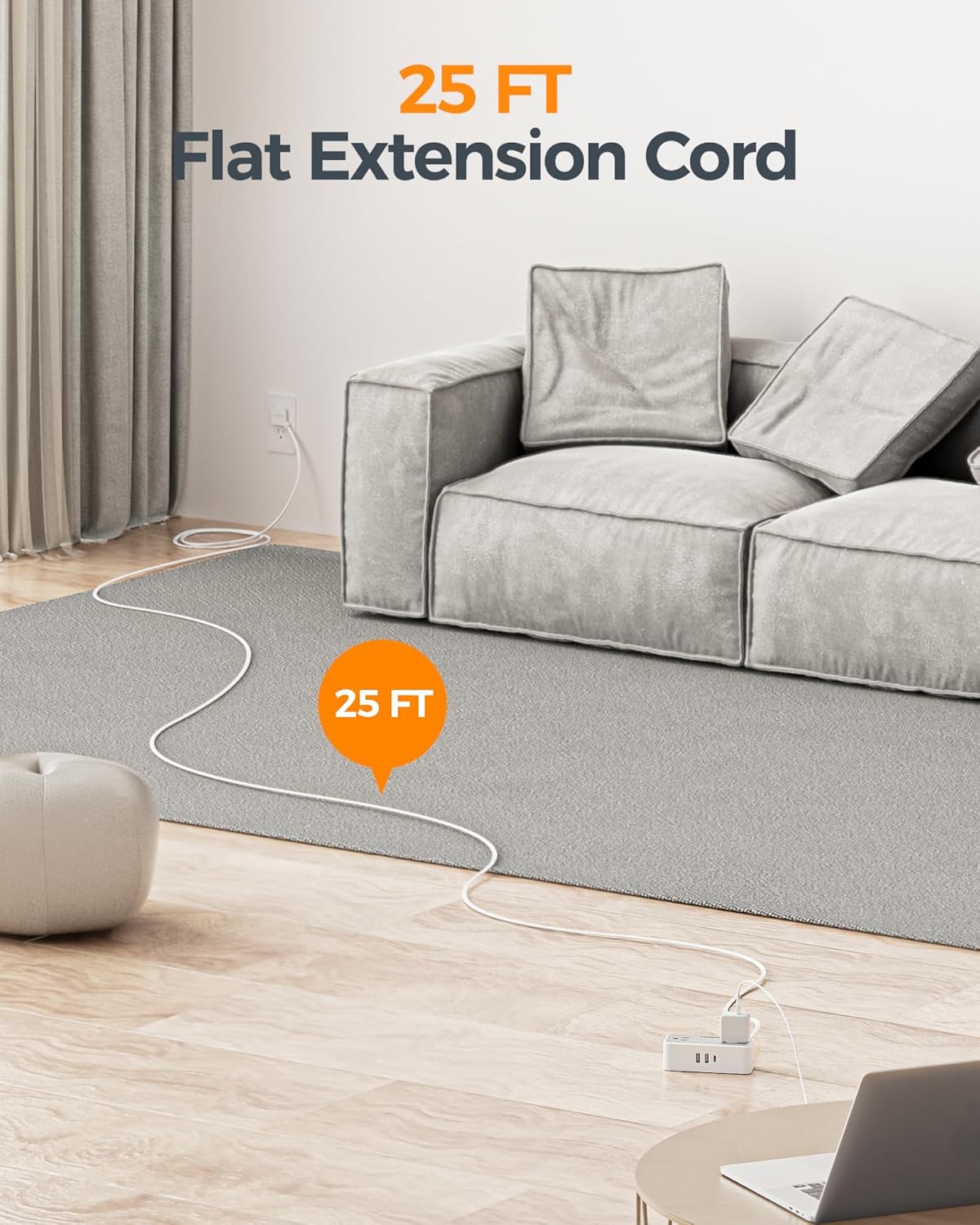 TESSAN Extension Electrica Plano 1.5 M, Plana Regleta Multicontacto Extensión con Protector de Sobretensión, 4 Salidas de CA y 3 USB(1 USB C), Conector Multiple Enchufe para Hogar Oficina Dorm, Gris