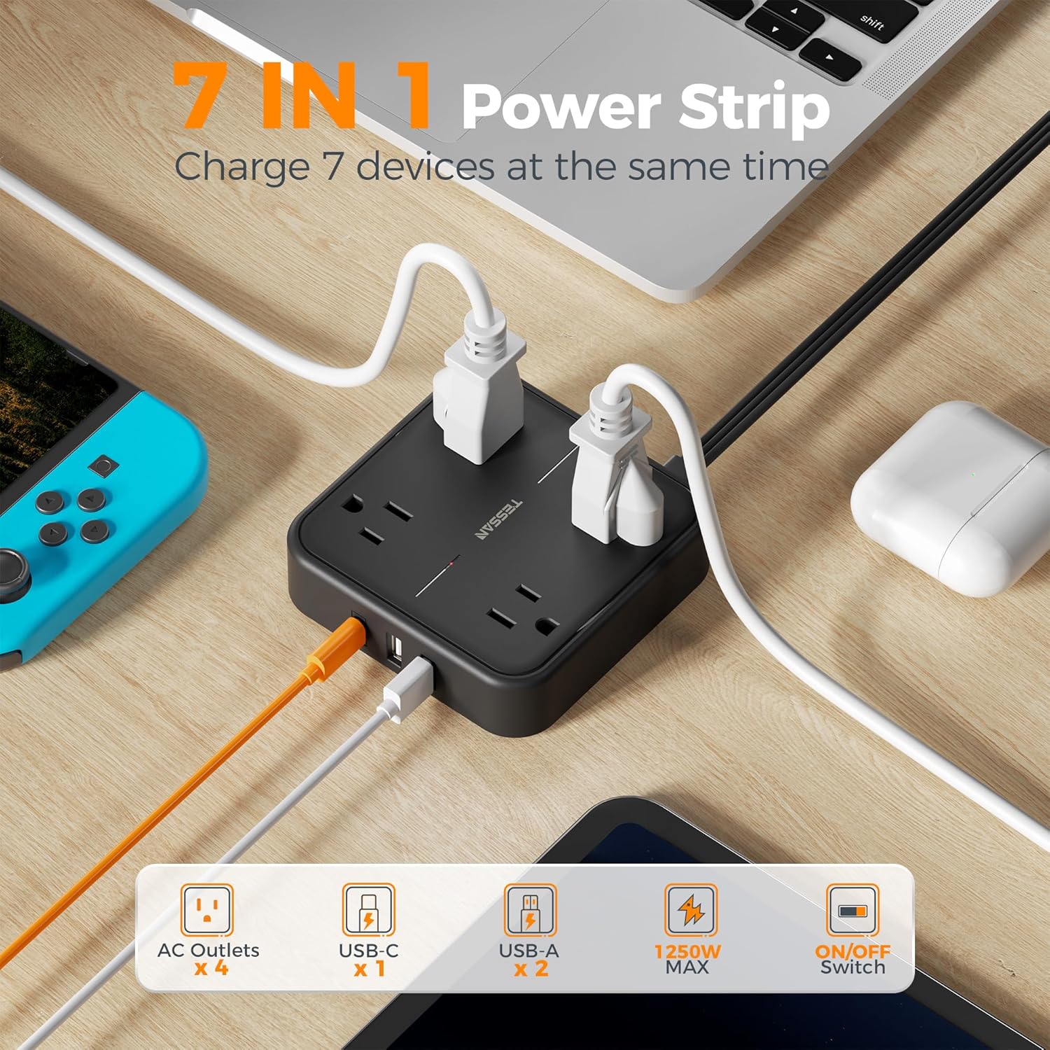 TESSAN Regleta Multicontacto con Protector de Sobretensión, 1.5M Plana Extension Electrica, Enchufe Plano Conector Multiple con 4 Salidas y 3 USB (1 USB C), Hogar Oficina Dorm, Gris