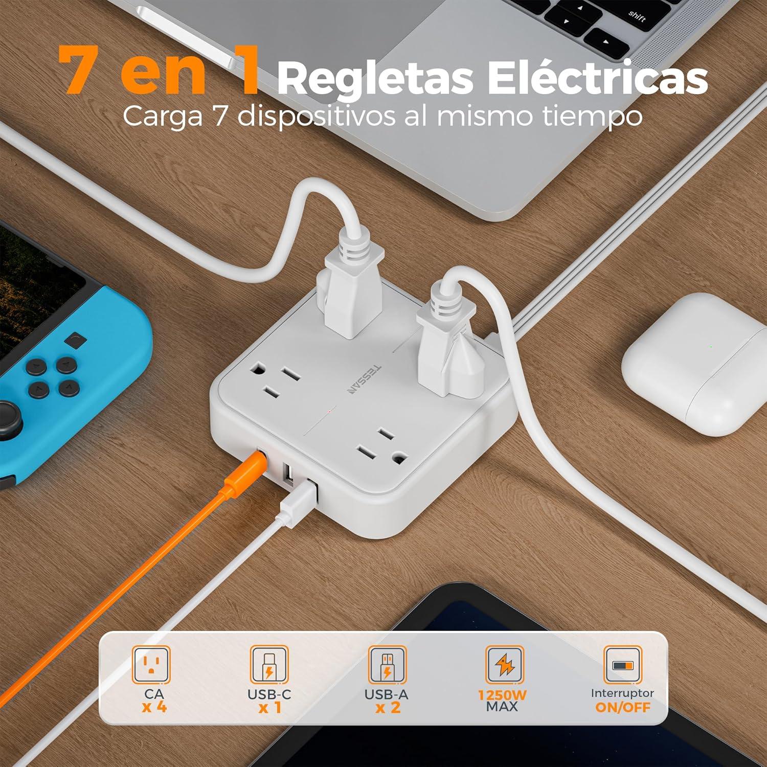TESSAN Regleta Multicontacto con Protector de Sobretensión, 1.5M Plana Extension Electrica, Enchufe Plano Conector Multiple con 4 Salidas y 3 USB (1 USB C), Hogar Oficina Dorm, Gris