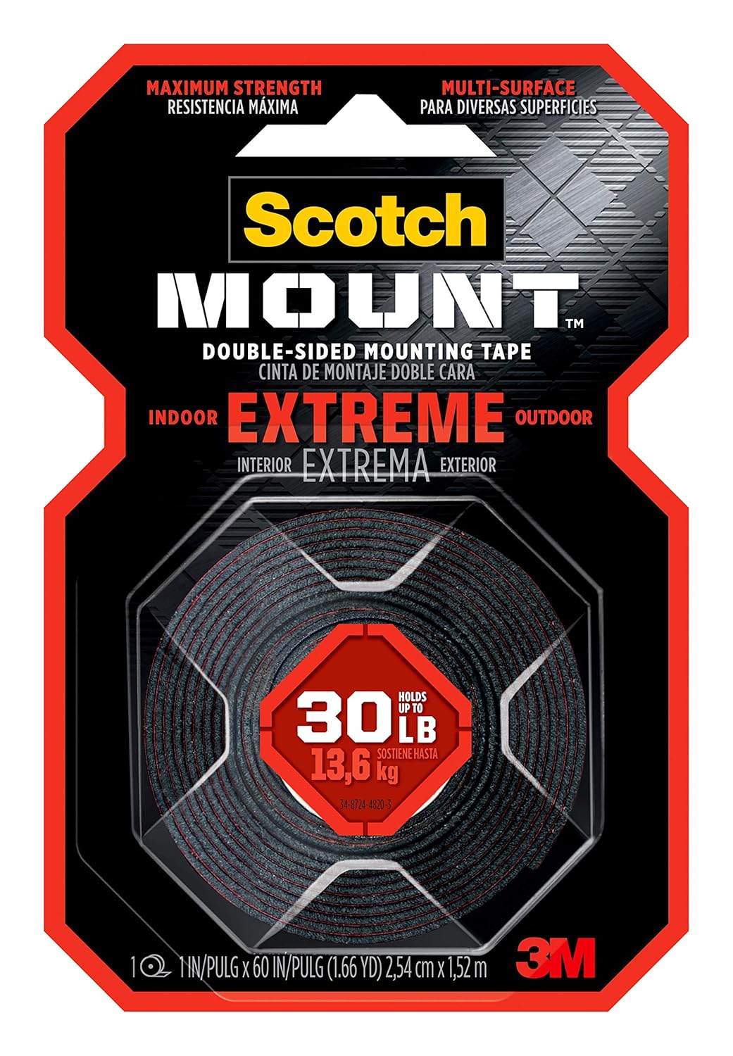 3M, Scotch-Mount Cinta de Montaje Doble Cara, Adhesión Extrema, 24 mm x 1.52 m, 1 rollo, Soporta Hasta 13.6Kg
