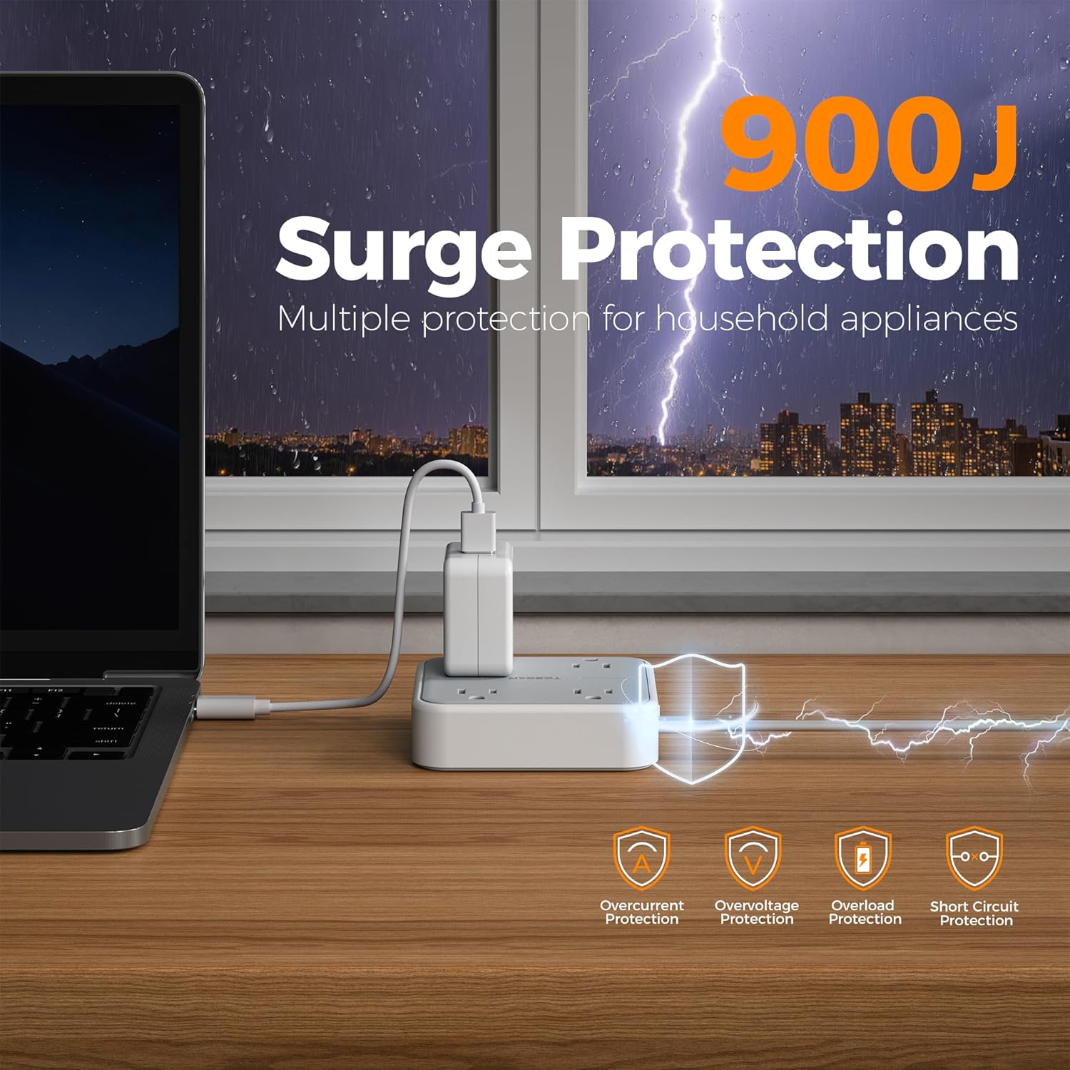 TESSAN Regleta Multicontacto con Protector de Sobretensión, 1.5M Plana Extension Electrica, Enchufe Plano Conector Multiple con 4 Salidas y 3 USB (1 USB C), Hogar Oficina Dorm, Gris