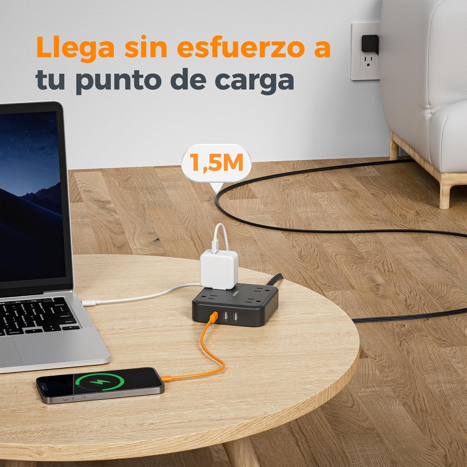TESSAN Regleta Multicontacto con Protector de Sobretensión, 1.5M Plana Extension Electrica, Enchufe Plano Conector Multiple con 4 Salidas y 3 USB (1 USB C), Hogar Oficina Dorm, Gris