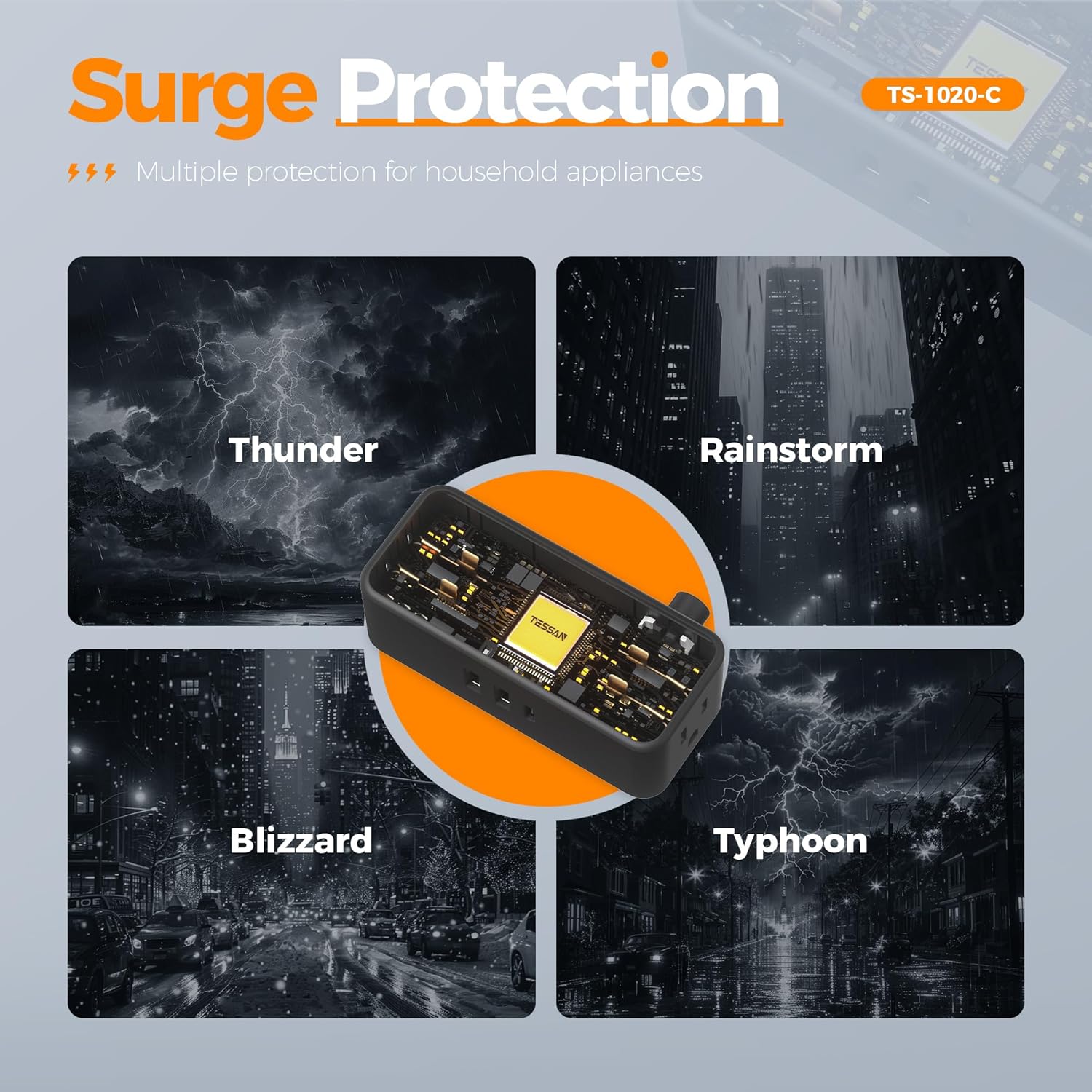 TESSAN Extension Electrica Plano 1.5 M, Plana Regleta Multicontacto Extensión con Protector de Sobretensión, 4 Salidas de CA y 3 USB(1 USB C), Conector Multiple Enchufe para Hogar Oficina Dorm, Gris