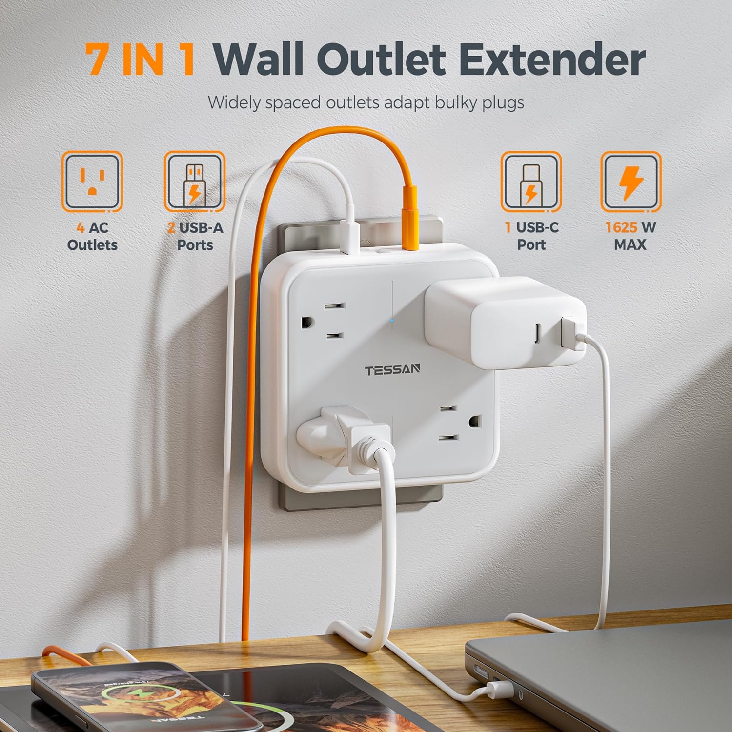 TESSAN Regleta Multicontacto Pared, Protector de Sobretensiones con 4 Enchufes de CA y 3 USB (1 USB C), Conector Multiple Outlet para el Hogar, Oficina, Dormitorio, Viaje Accesorios, Gris