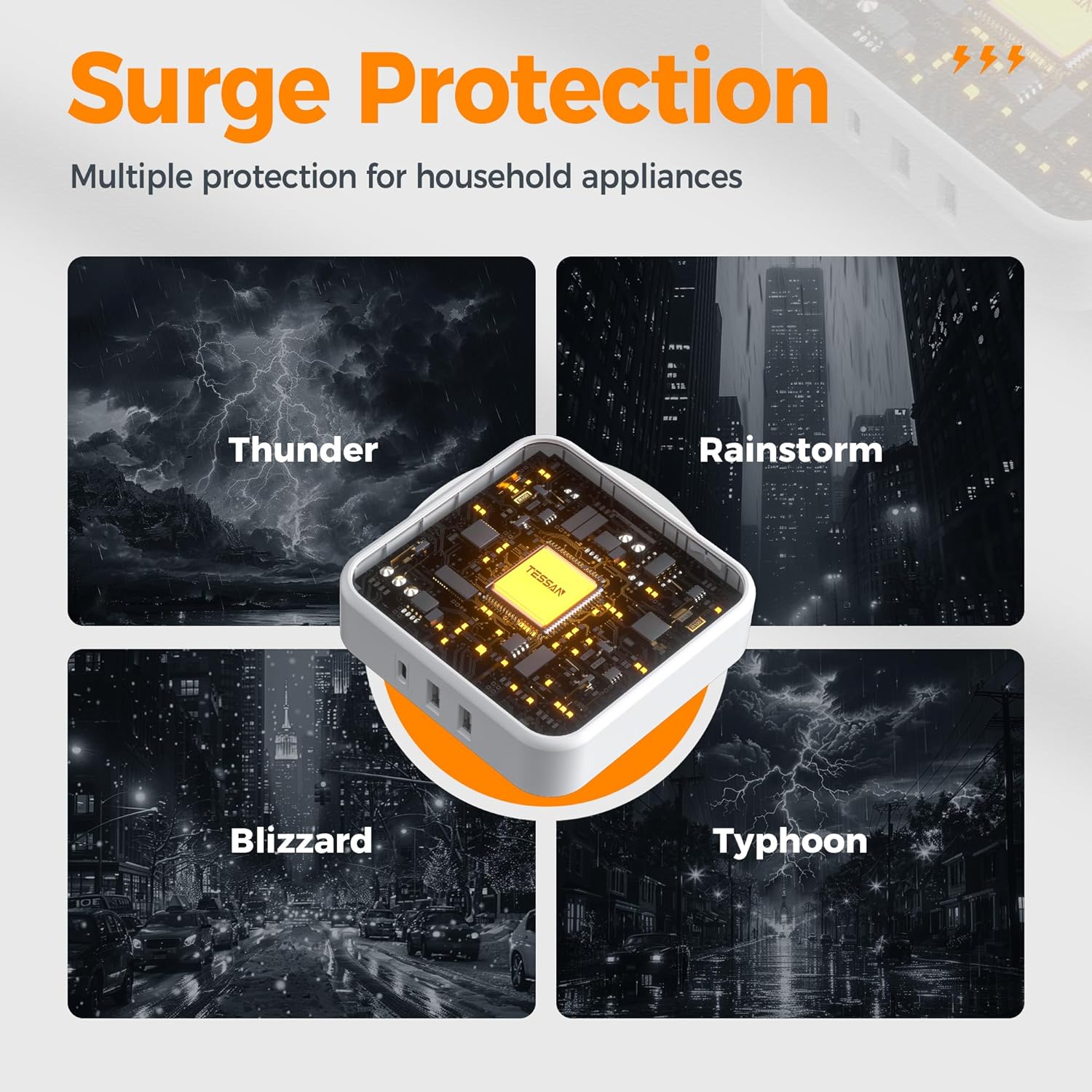 TESSAN Regleta Multicontacto Pared, Protector de Sobretensiones con 4 Enchufes de CA y 3 USB (1 USB C), Conector Multiple Outlet para el Hogar, Oficina, Dormitorio, Viaje Accesorios, Gris