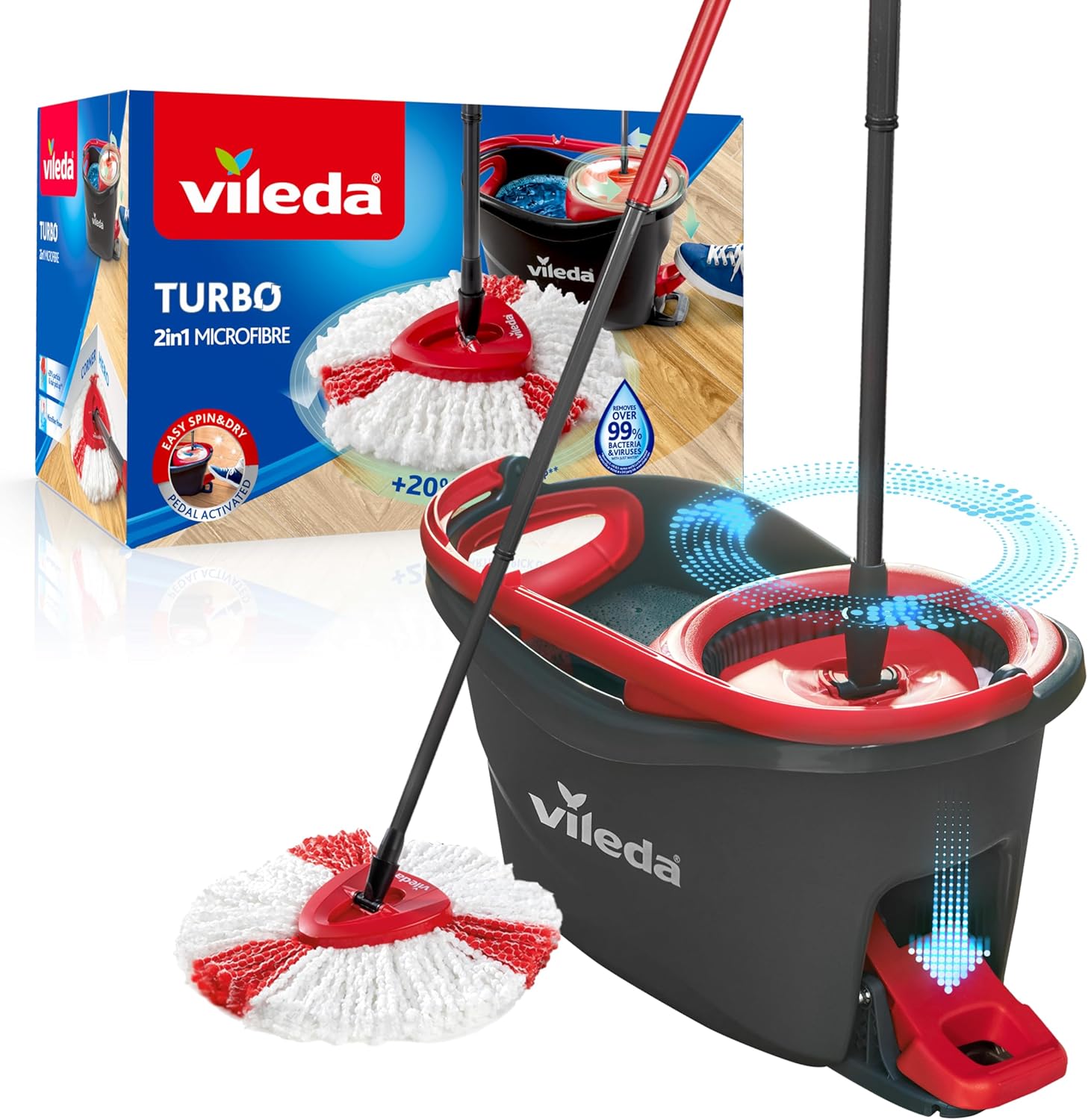 Juego de Cubo de fregona para Suelos giratoria con Pedal - Mango telescópico 85-123 cm - Cabezal de Microfibra 2 en 1 - Love it Clean