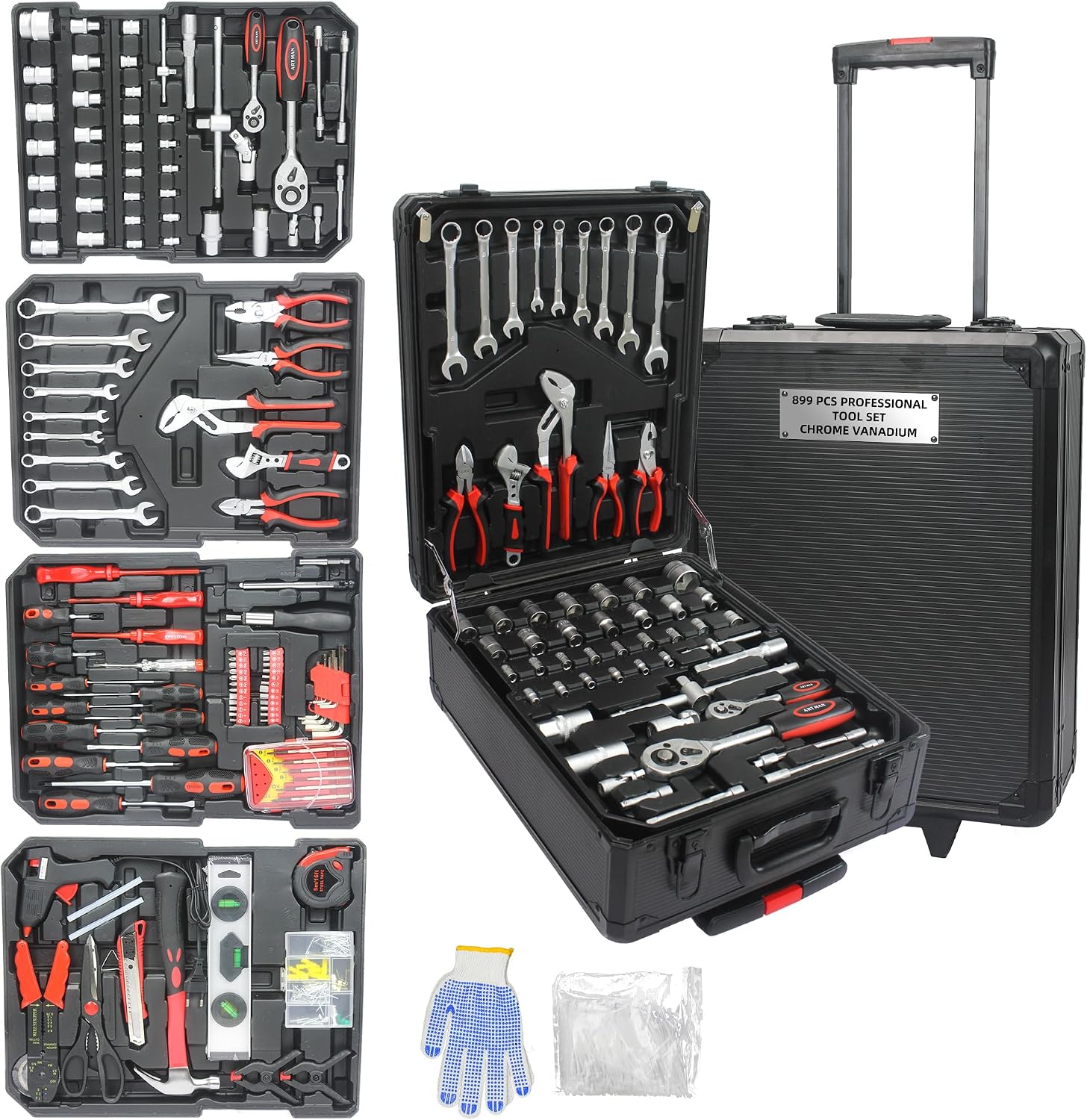 Campfun Juego de herramientas de 899 piezas, kit de herramientas para el hogar con caja de herramientas con ruedas, juego completo de caja de herramientas, juego de herramientas manuales con caja de