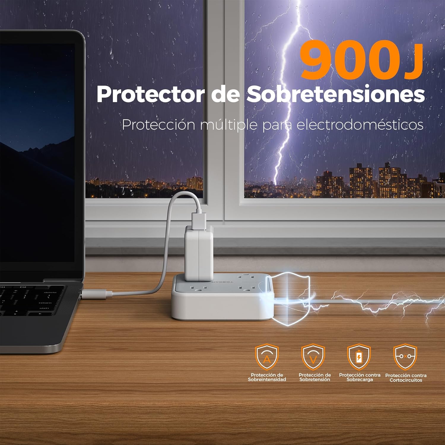 TESSAN Regleta Multicontacto con Protector de Sobretensión, 1.5M Plana Extension Electrica, Enchufe Plano Conector Multiple con 4 Salidas y 3 USB (1 USB C), Hogar Oficina Dorm, Gris