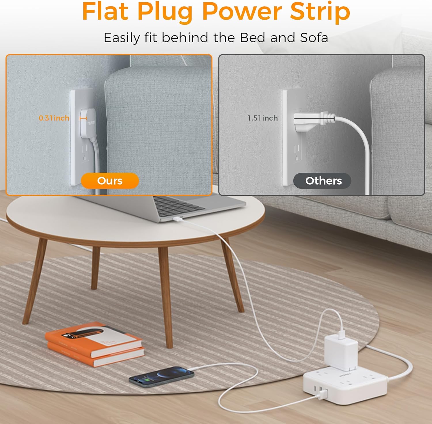 TESSAN Regleta Multicontacto con Protector de Sobretensión, 1.5M Plana Extension Electrica, Enchufe Plano Conector Multiple con 4 Salidas y 3 USB (1 USB C), Hogar Oficina Dorm, Gris