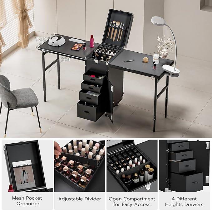 Icoget - computadora portátil para uñas, mesa plegable de manicura con rueda, estuche de maquillaje para enseñanza de uñas, 2 estuches para carros de cosméticos de computadora, color negro