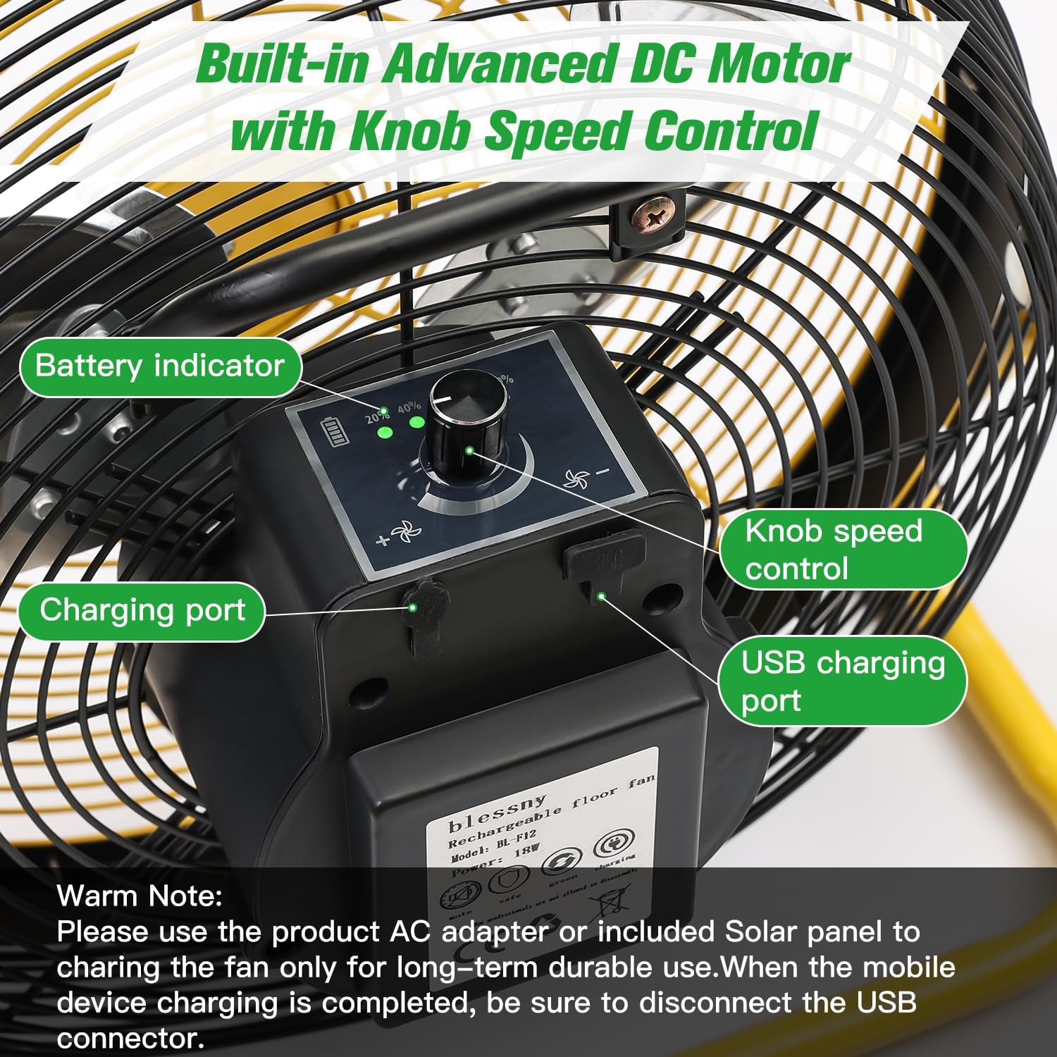 blessny Ventilador de piso recargable de 12 pulgadas con alimentación solar de 20 W, ventilador solar de 15000 mAh funciona con pilas para acampar al aire última intervensión, ventilador portátil
