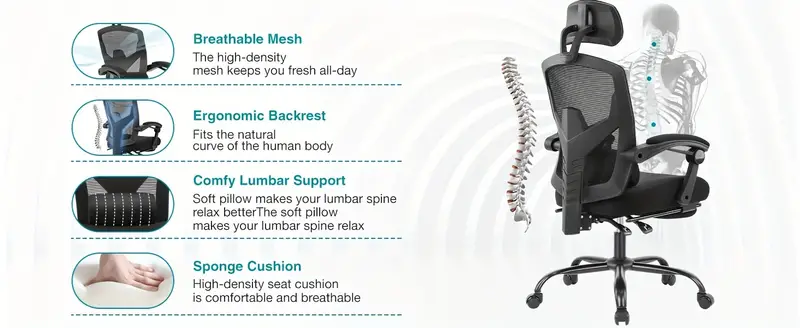 Silla de escritorio para computadora, silla ergonómica giratoria de trabajo con respaldo alto de malla, ruedas, brazos  s para el hogar, dormitorio, estudio,   soporte lumbar. detalles 0