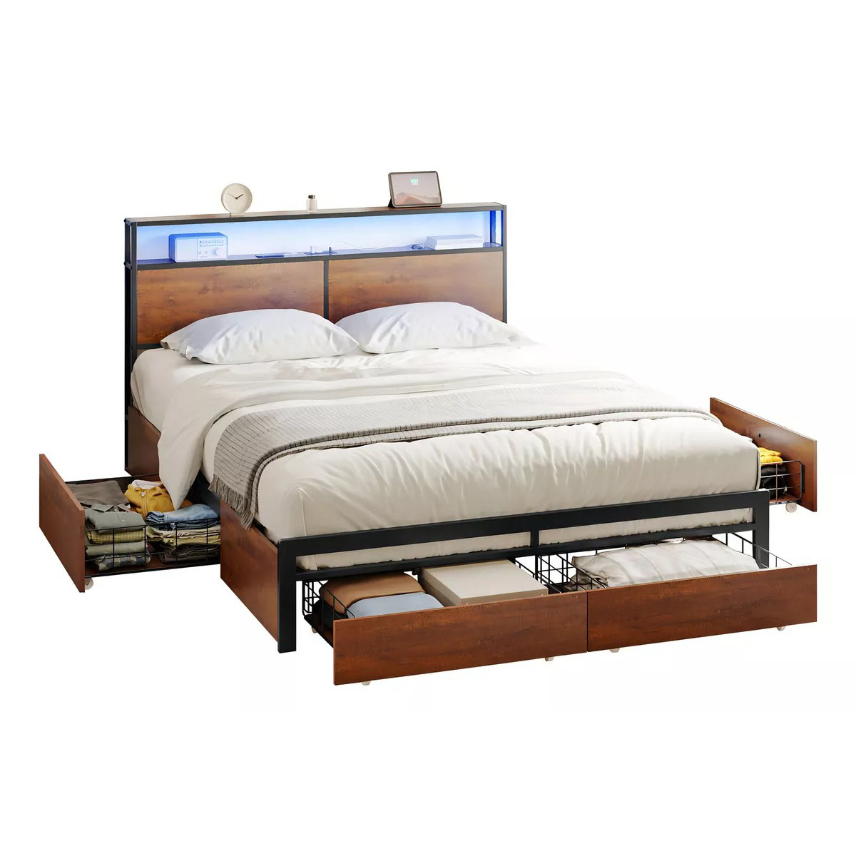 Cama Matrimonial Full Base+ Cabecera+ Cajones Luces Led Usb Color Marrón