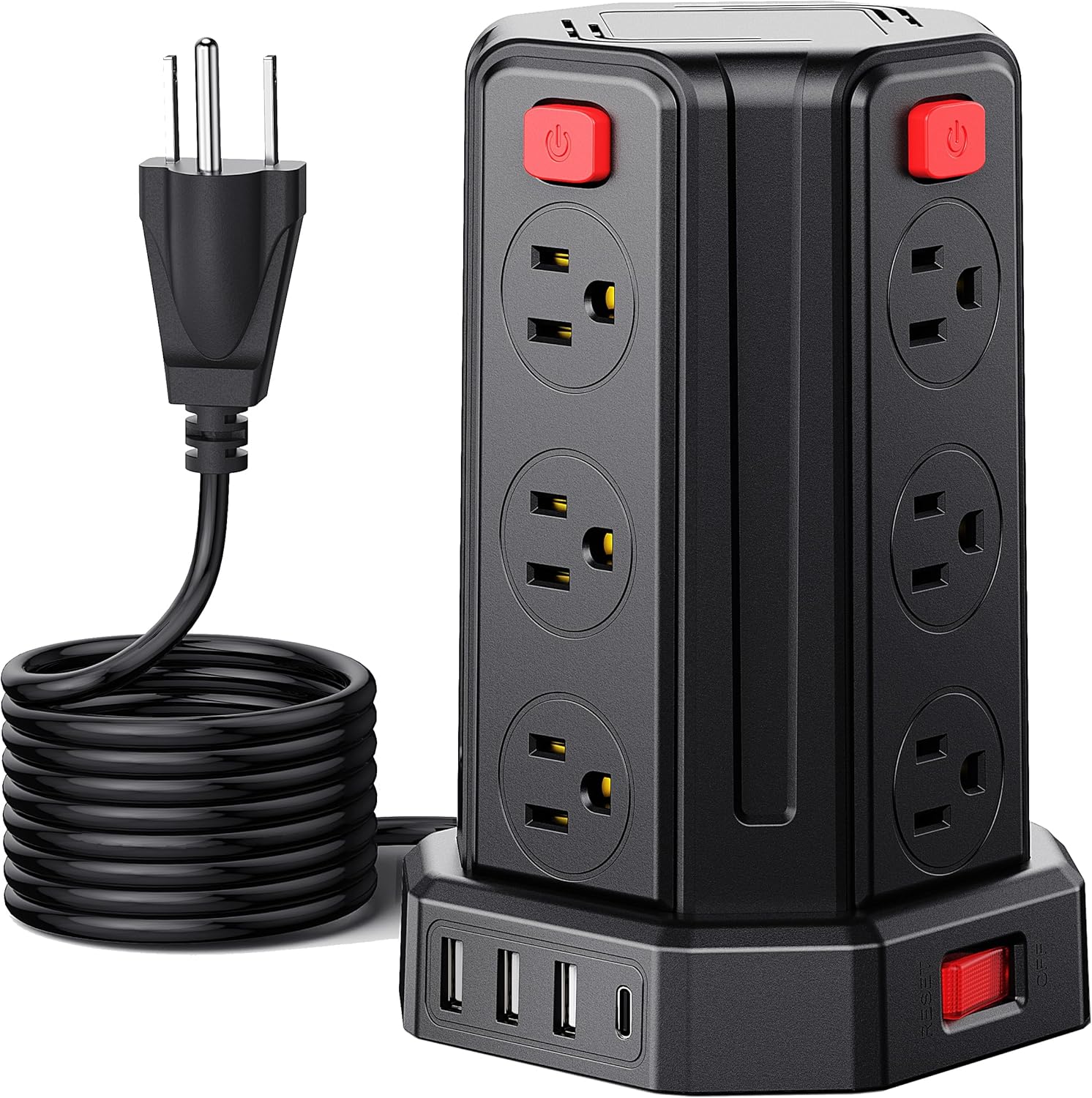 SMALLRT Regleta De Alimentación contra Sobretensiones 9.8Ft / 3M 4 Puertos USB Regleta De 12 Salidas con Toma De Cable Largo USB Torre Protectora contra Sobretensiones