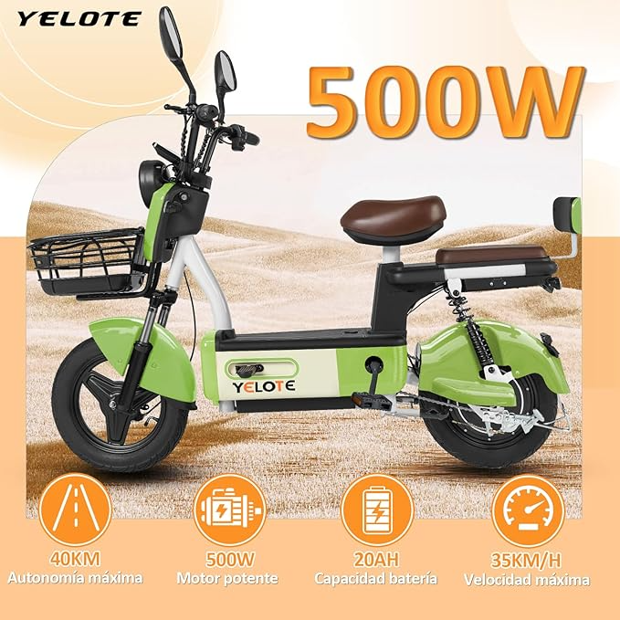 YELOTE Bicicleta Electrica Moto Electrica Velocidad Máxima 35KM/H,Autonomía 40-45KM,Baterías de Gran Capacidad de 20AH con Alarma