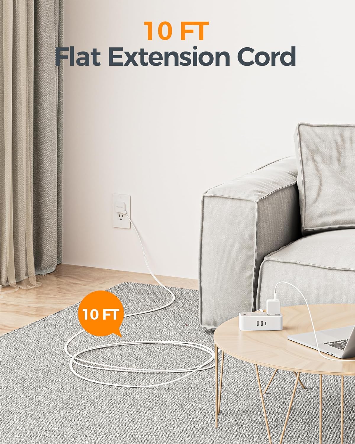 TESSAN Extension Electrica Plano 1.5 M, Plana Regleta Multicontacto Extensión con Protector de Sobretensión, 4 Salidas de CA y 3 USB(1 USB C), Conector Multiple Enchufe para Hogar Oficina Dorm, Gris