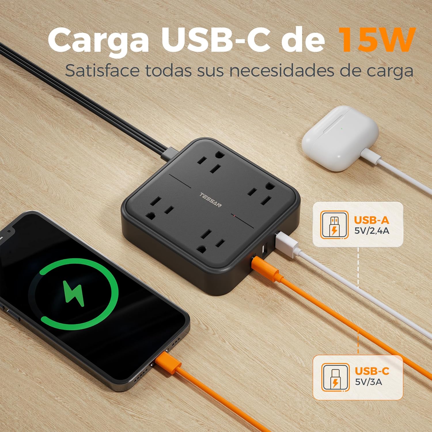 TESSAN Regleta Multicontacto con Protector de Sobretensión, 1.5M Plana Extension Electrica, Enchufe Plano Conector Multiple con 4 Salidas y 3 USB (1 USB C), Hogar Oficina Dorm, Gris